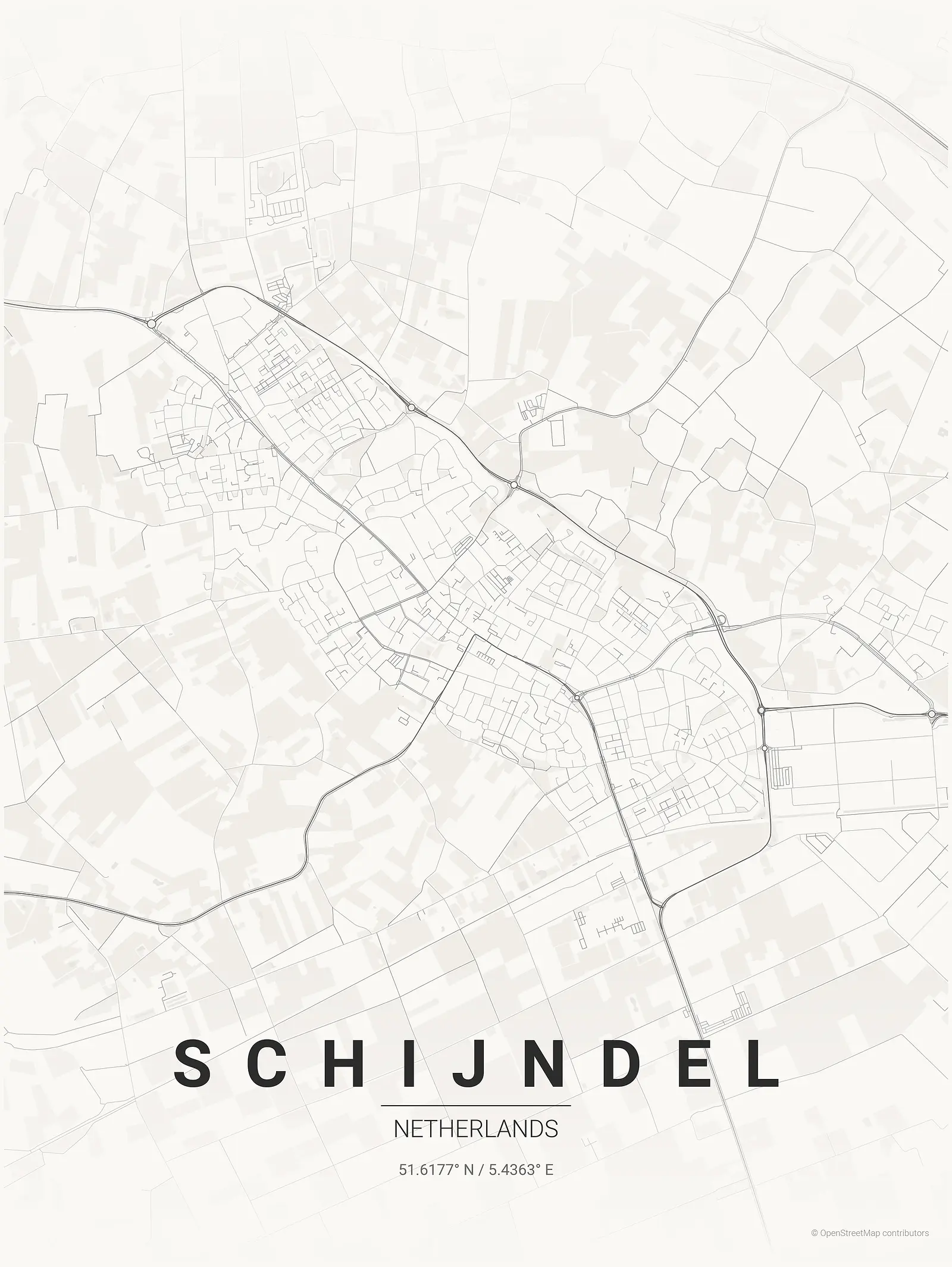 Stylized map poster of Schijndel in Japanese ink style