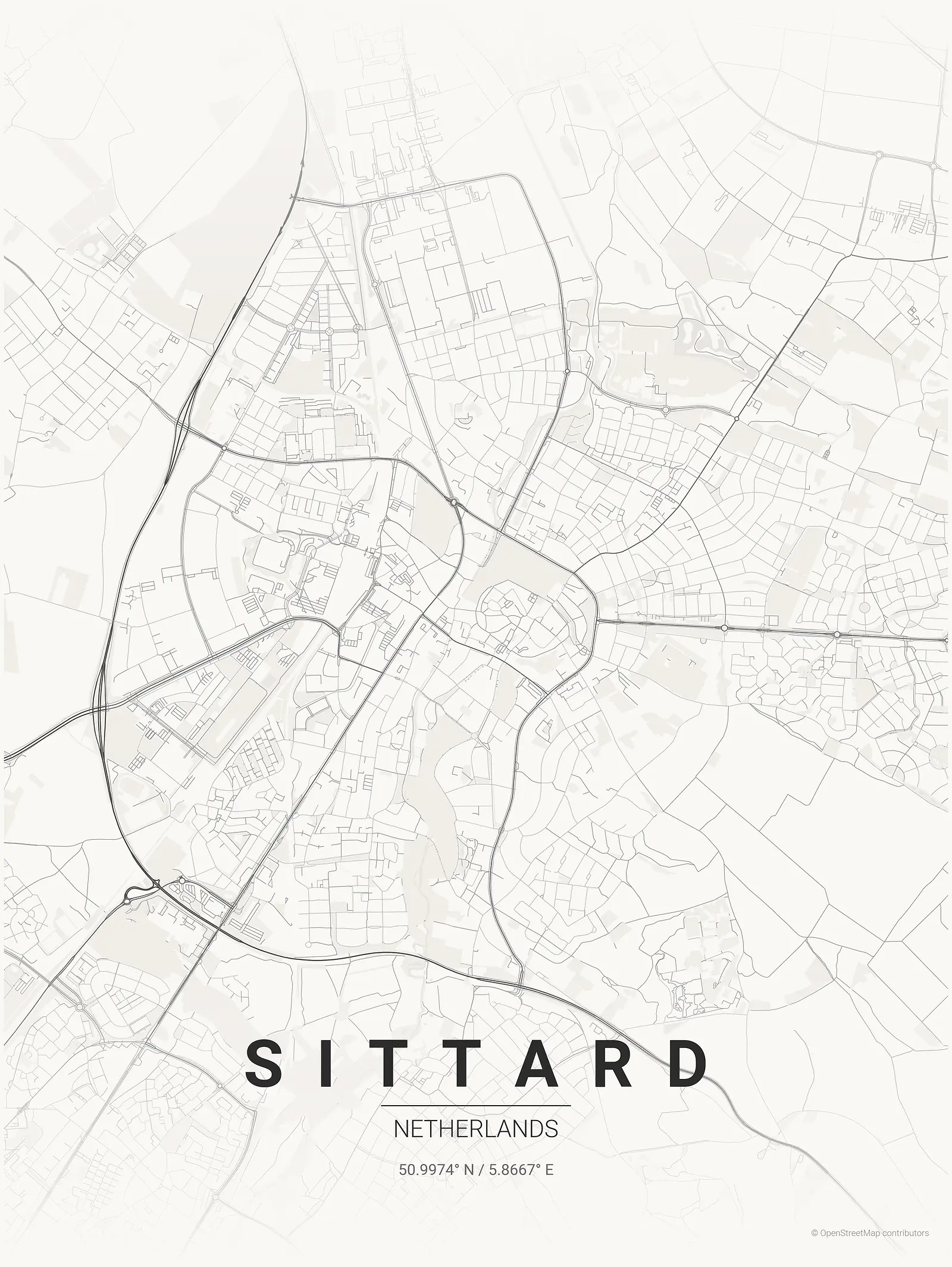 Stylized kaart poster of Sittard in Japanese ink style