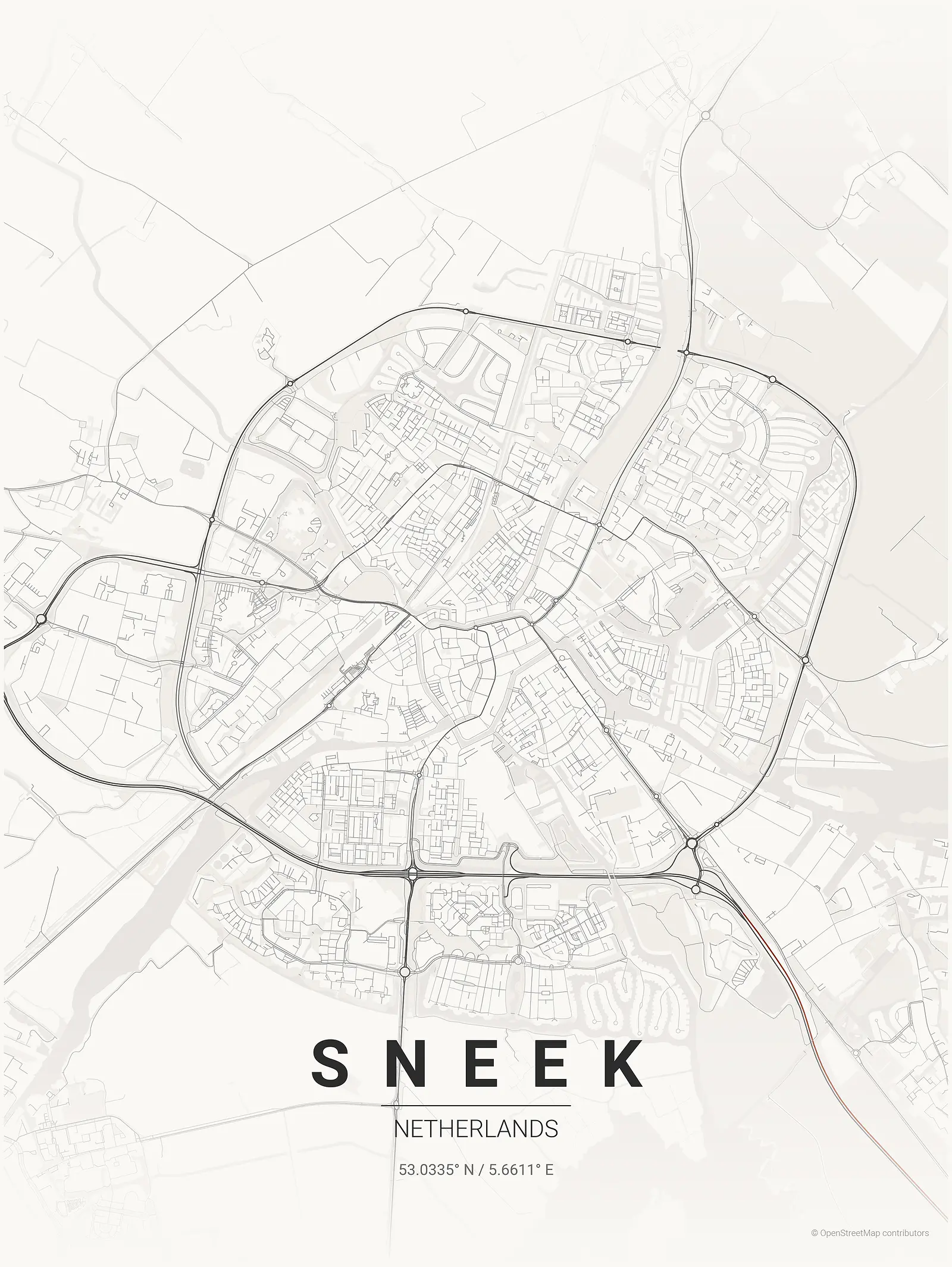 Póster de mapa estilizado de Sneek en estilo tinta japonesa