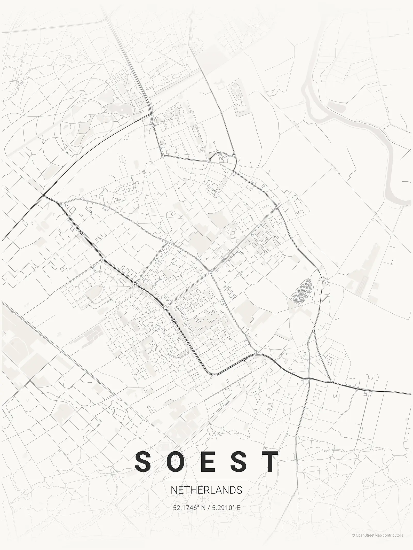 Stylized kaart poster of Soest in Japanese ink style