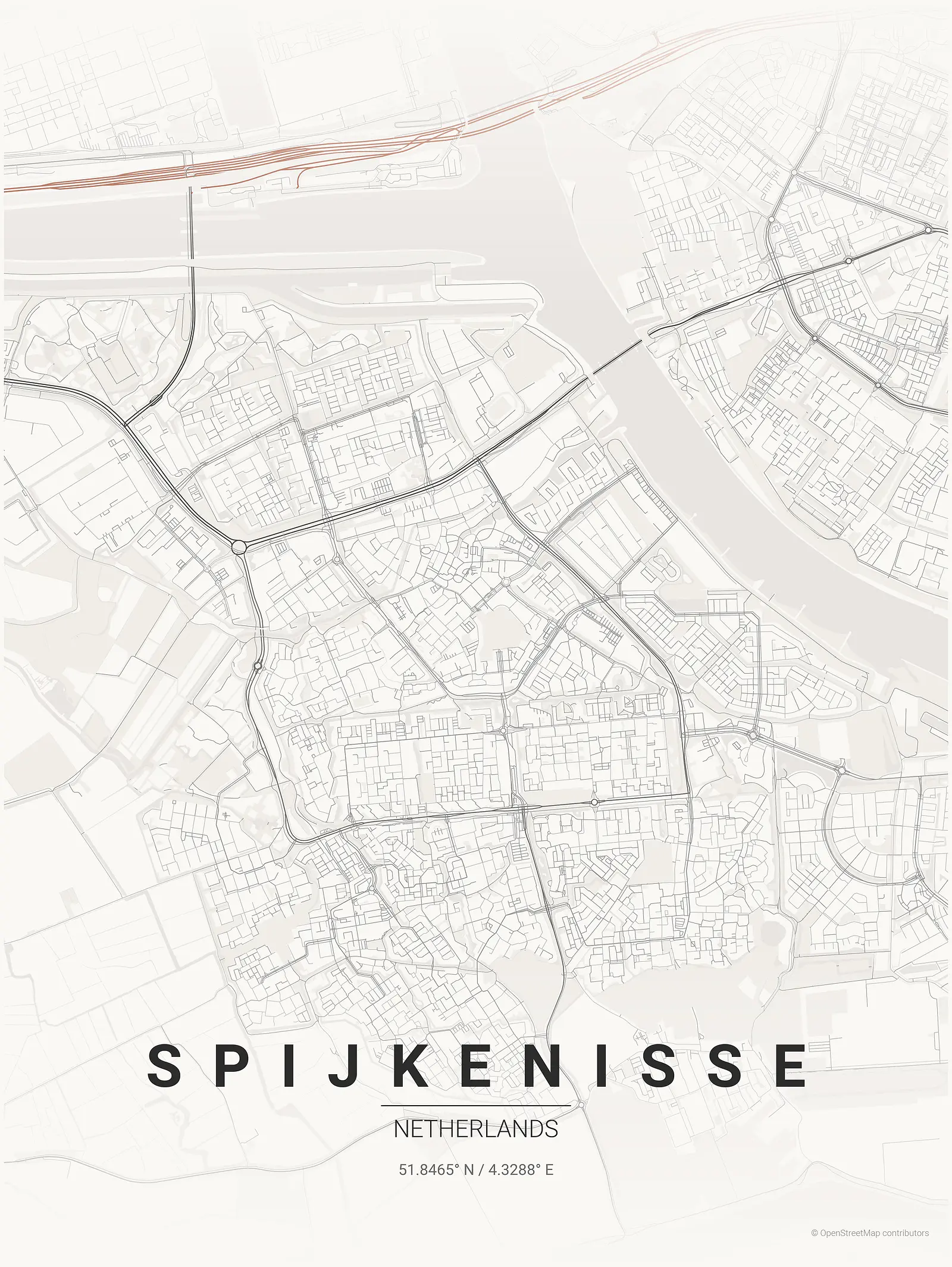 Póster de mapa estilizado de Spijkenisse en estilo tinta japonesa