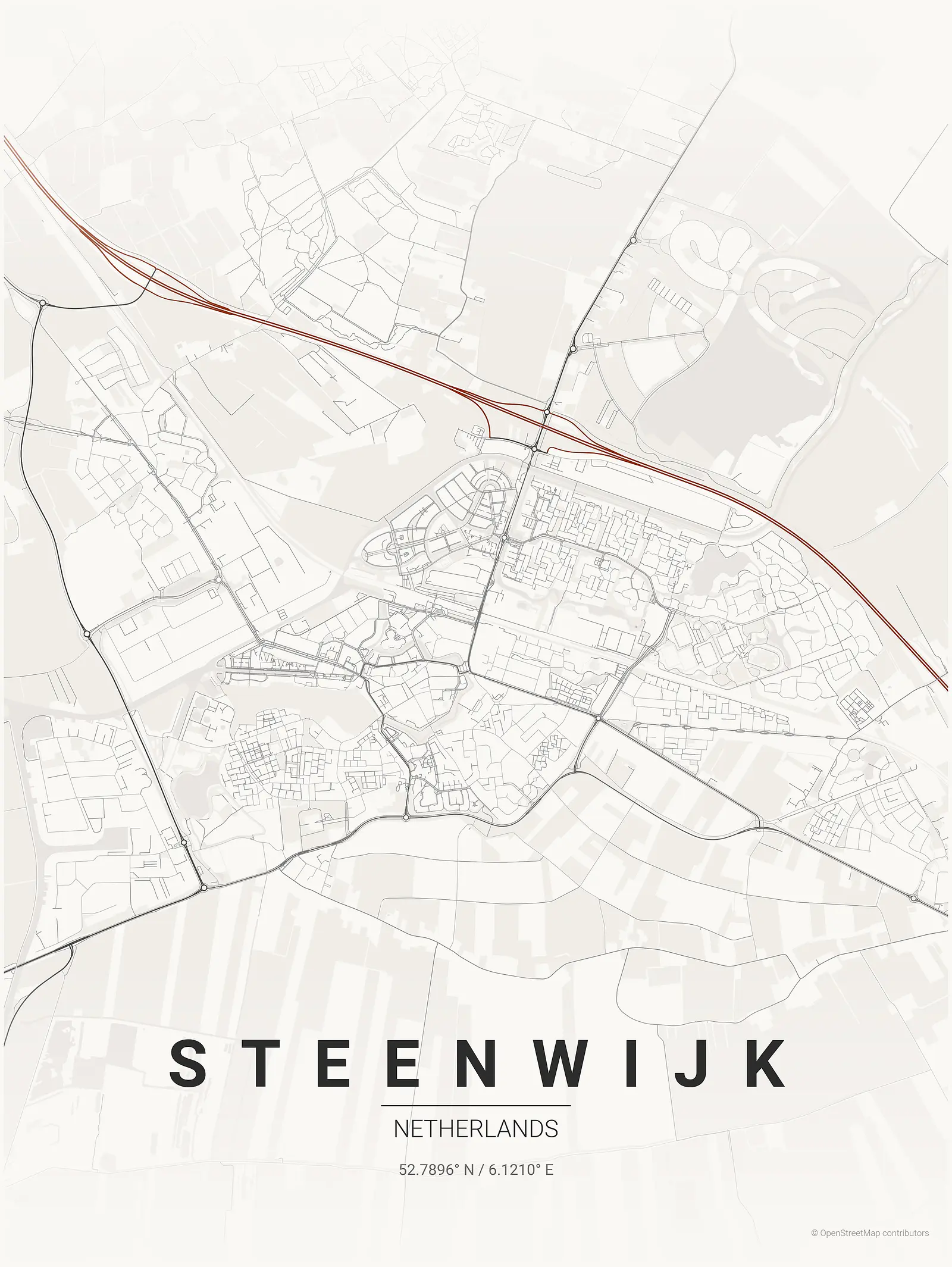 Póster de mapa estilizado de Steenwijk en estilo tinta japonesa