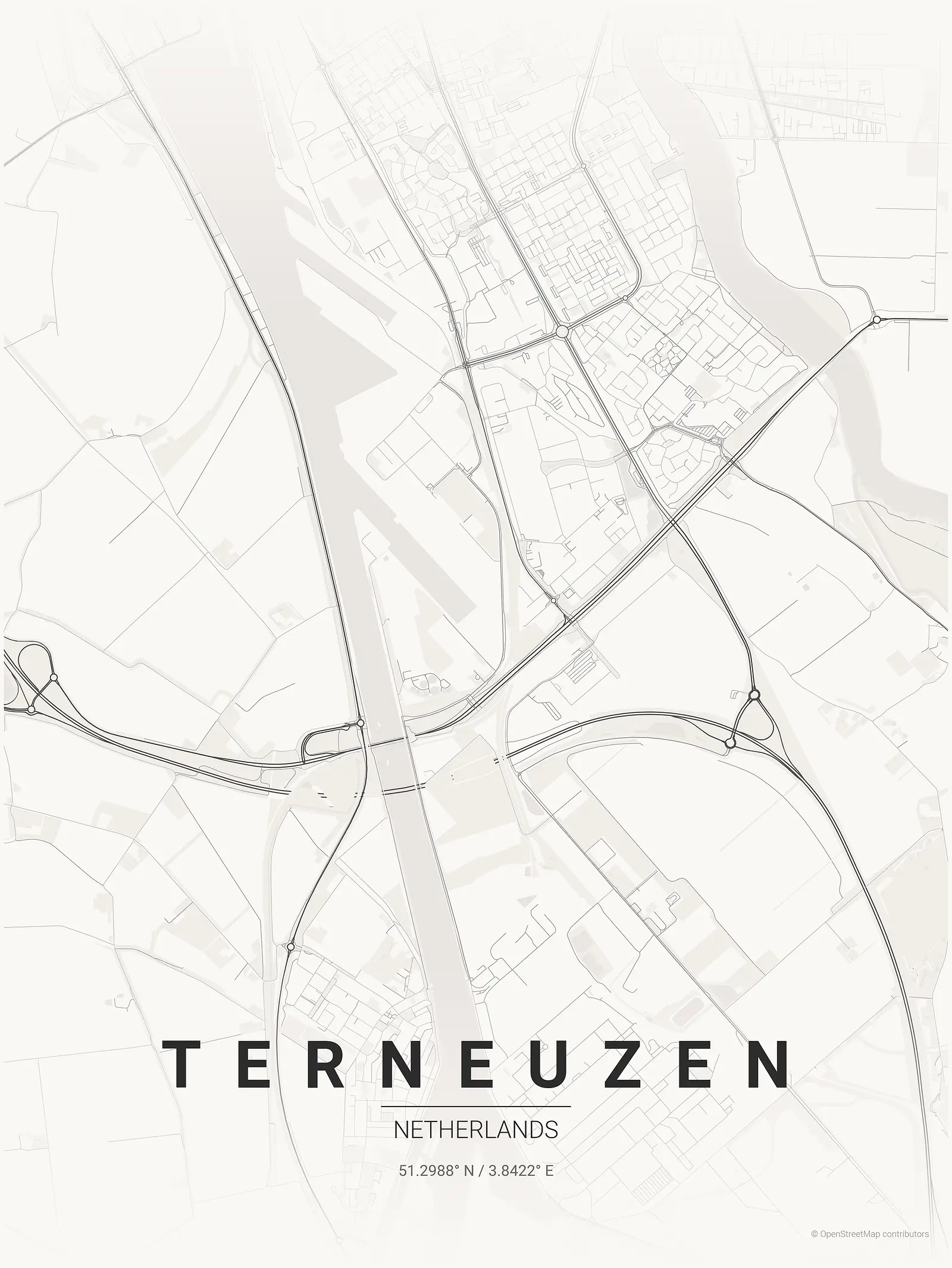 Stylized kaart poster of Terneuzen in Japanese ink style