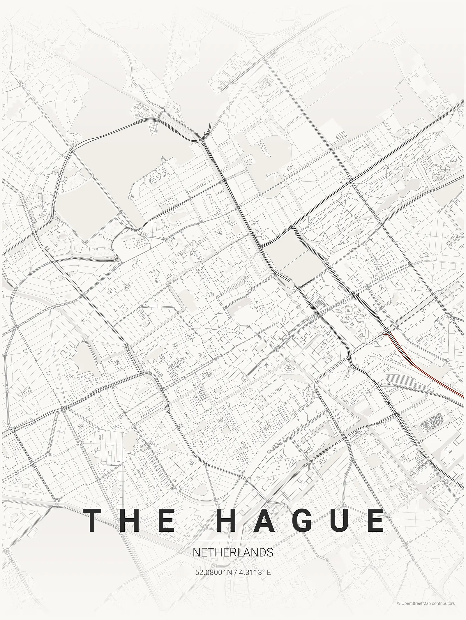 Stylized map poster of The Hague in Japanese ink style