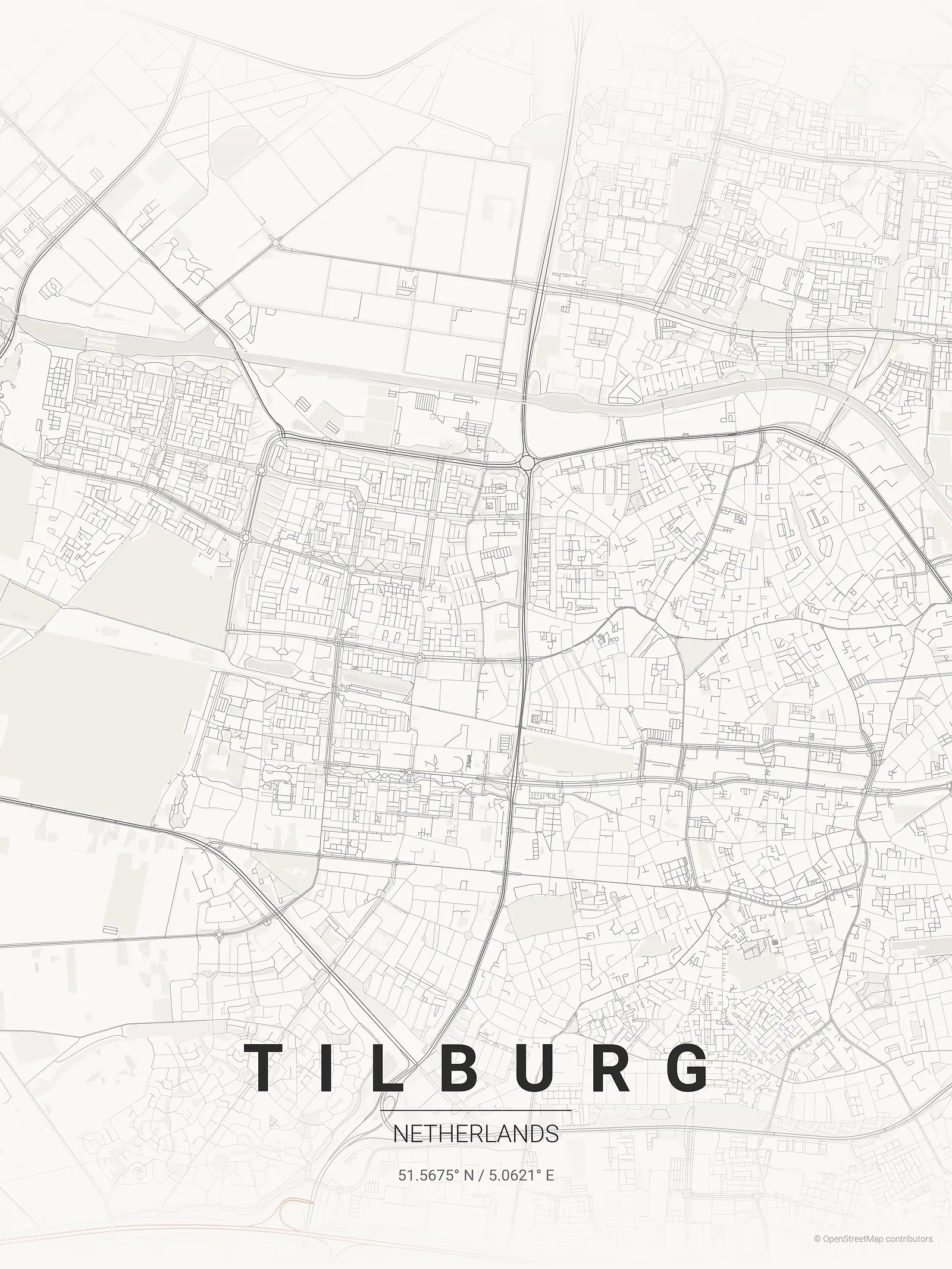 Stylized map poster of Tilburg in Japanese ink style