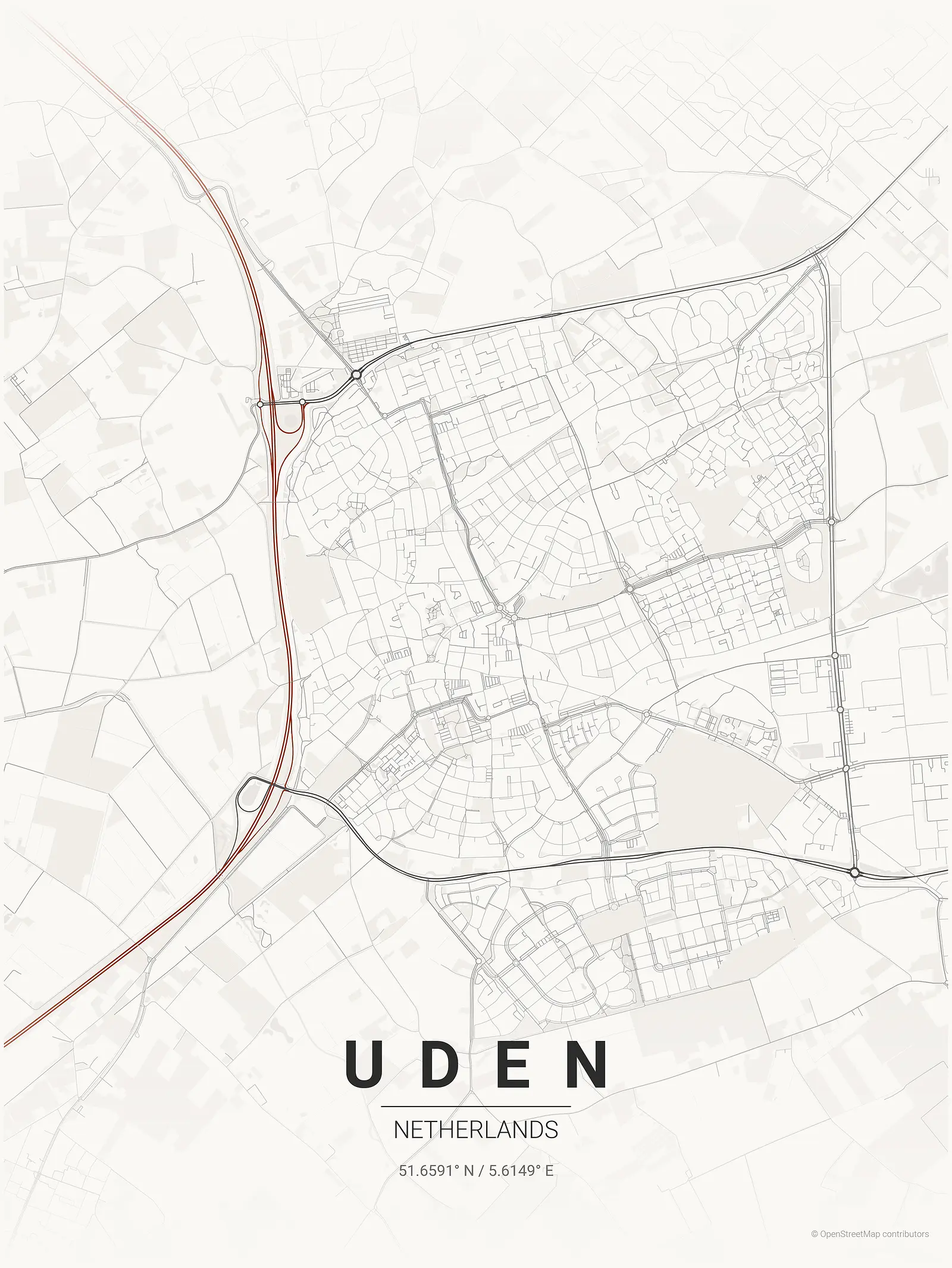 Póster de mapa estilizado de Uden en estilo tinta japonesa
