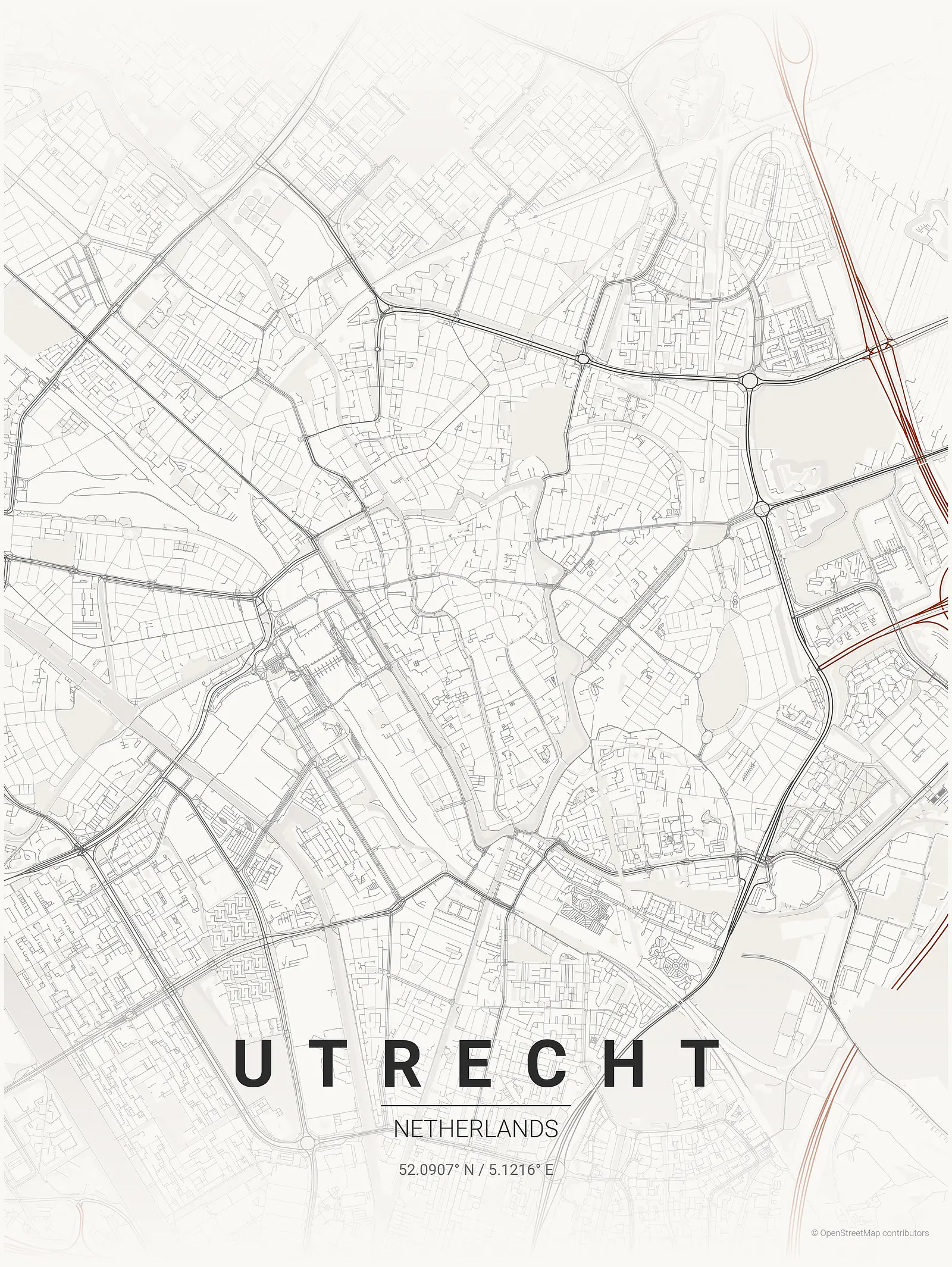 Stylized map poster of Utrecht in Japanese ink style