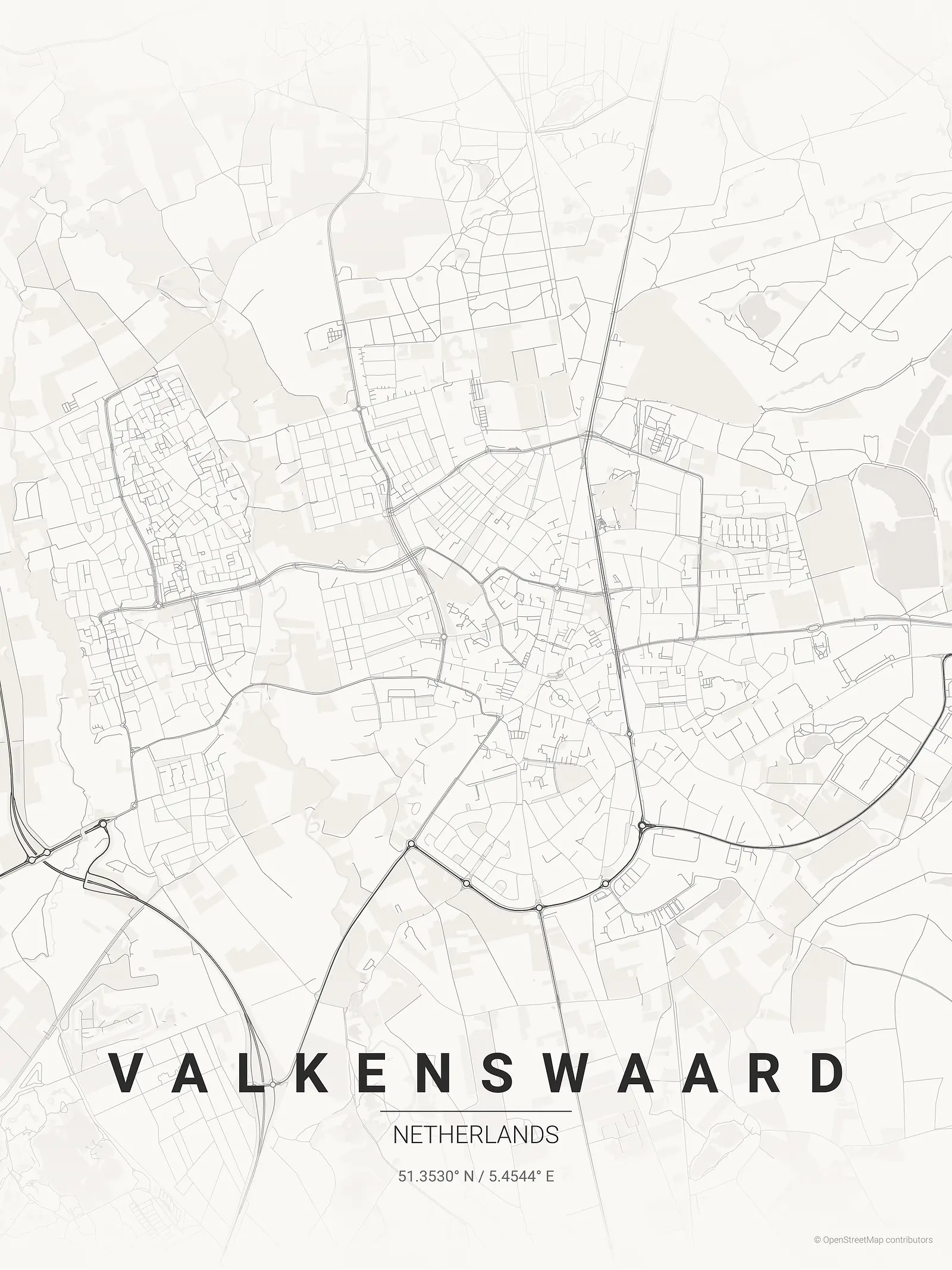 Stylized map poster of Valkenswaard in Japanese ink style