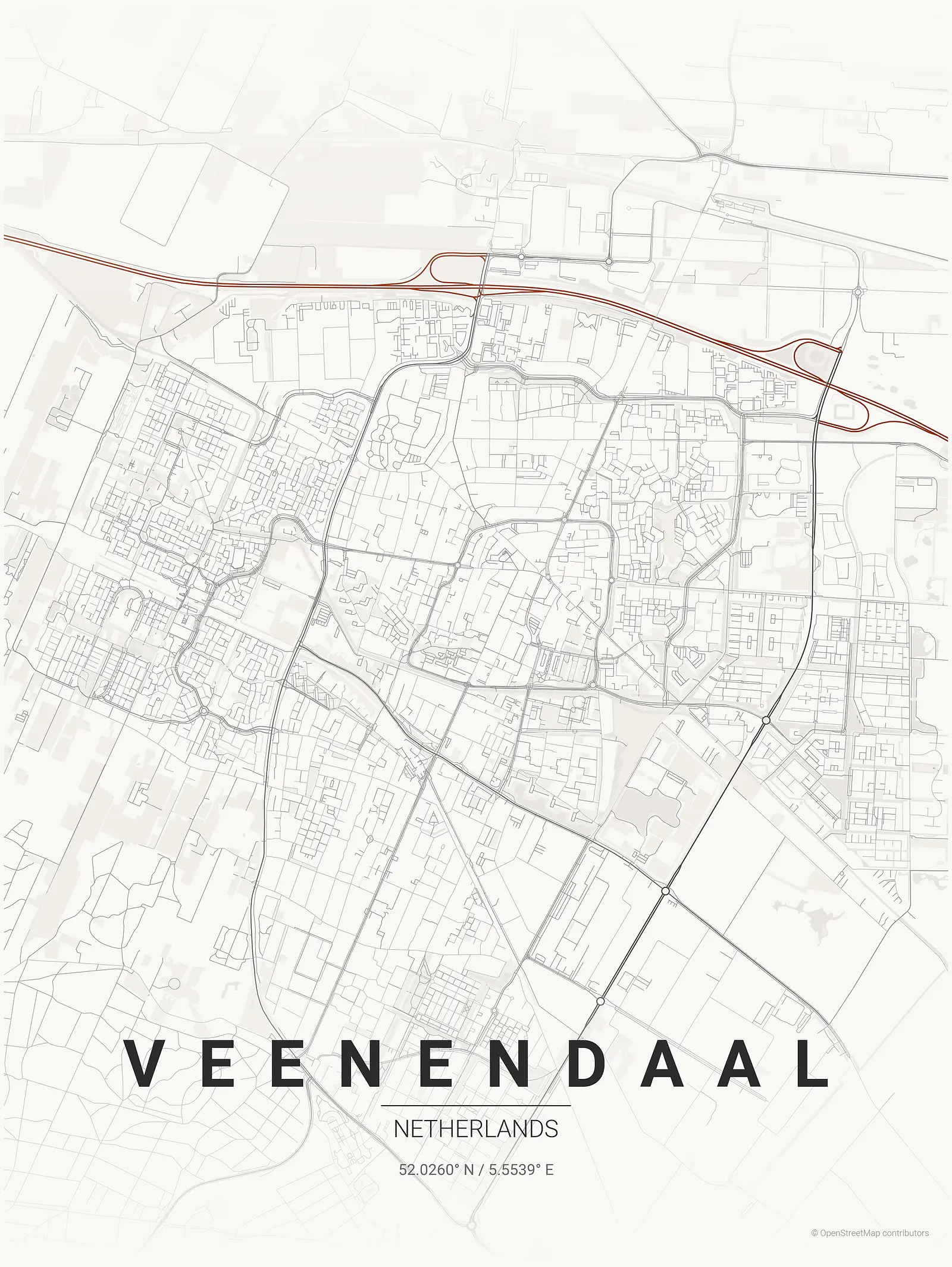 Póster de mapa estilizado de Veenendaal en estilo tinta japonesa