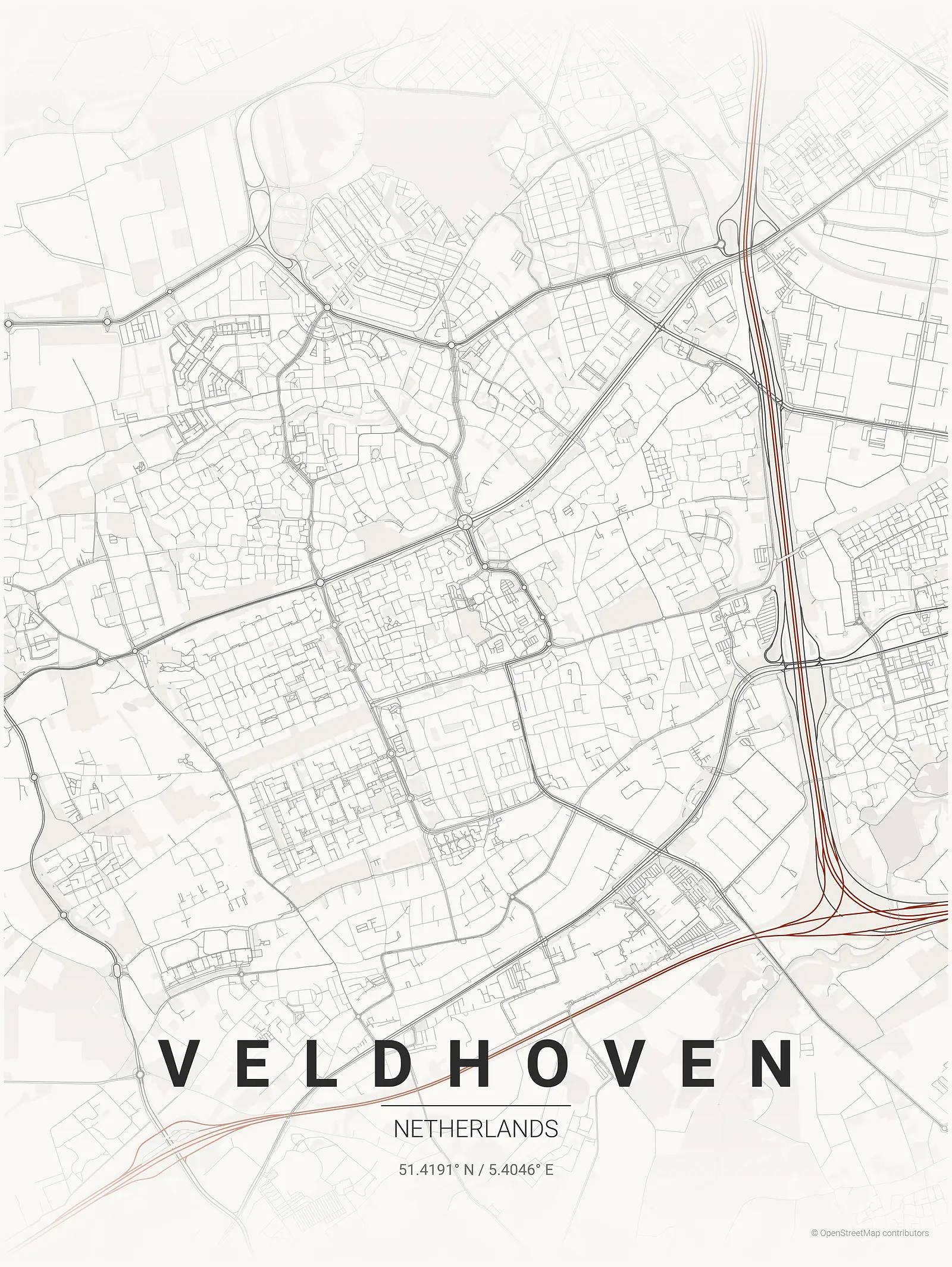 Stylized map poster of Veldhoven in Japanese ink style