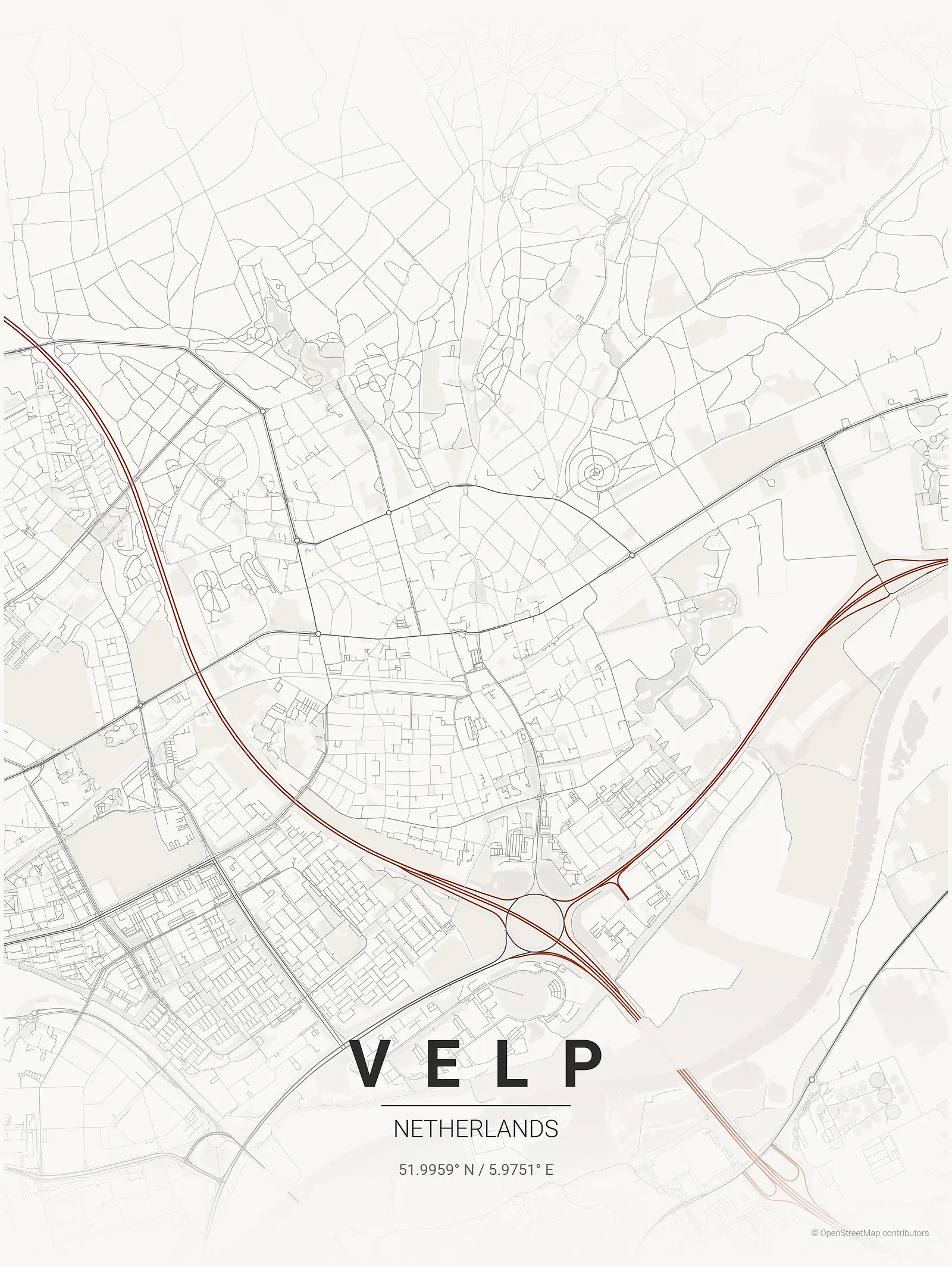 Póster de mapa estilizado de Velp en estilo tinta japonesa