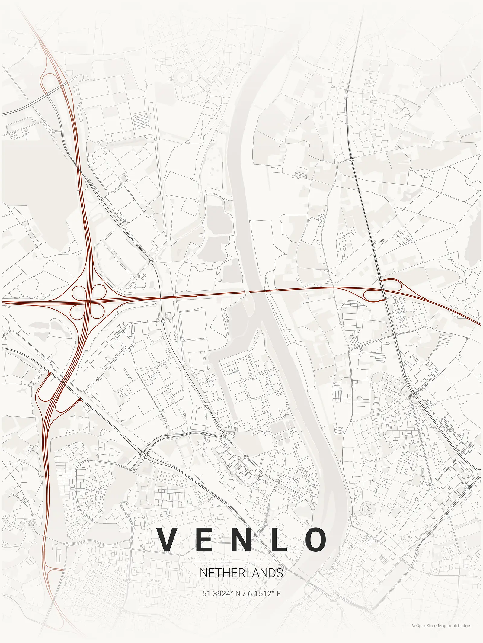 Póster de mapa estilizado de Venlo en estilo tinta japonesa