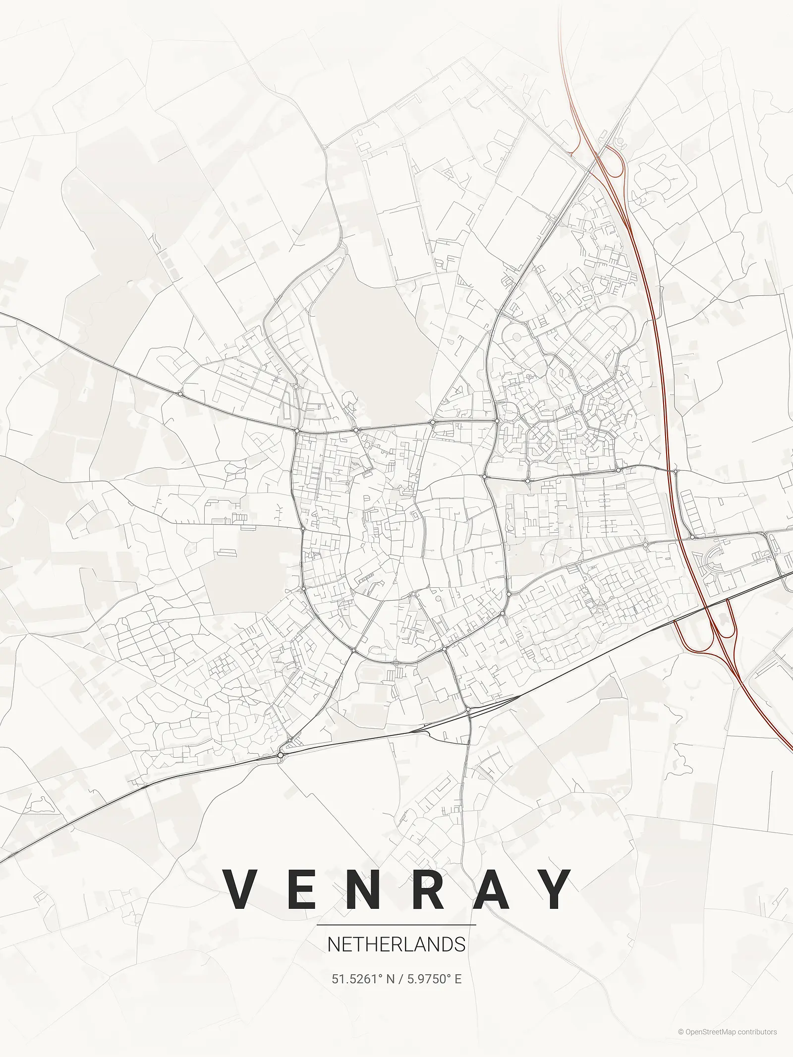 Stylized kaart poster of Venray in Japanese ink style