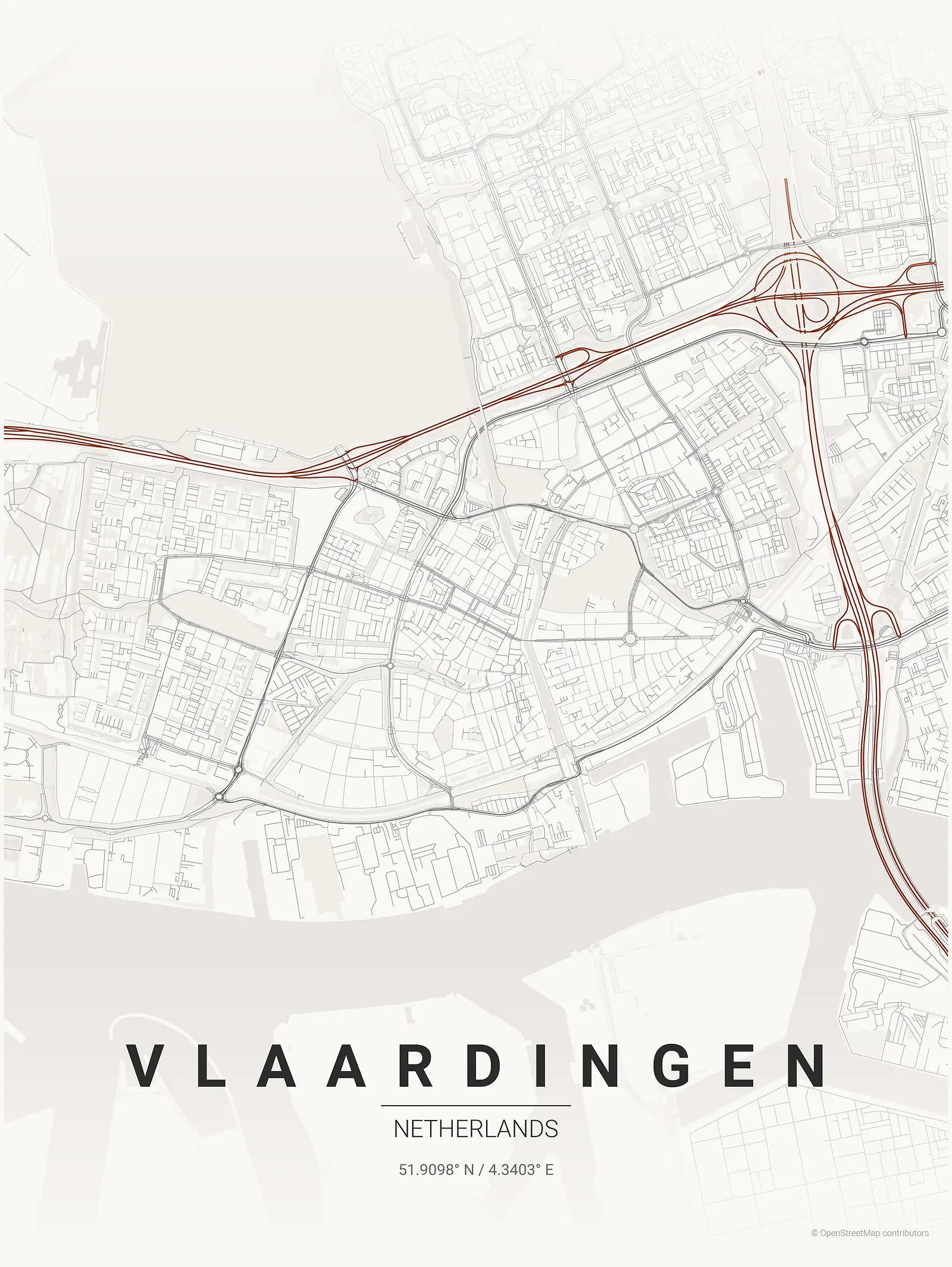 Póster de mapa estilizado de Vlaardingen en estilo tinta japonesa