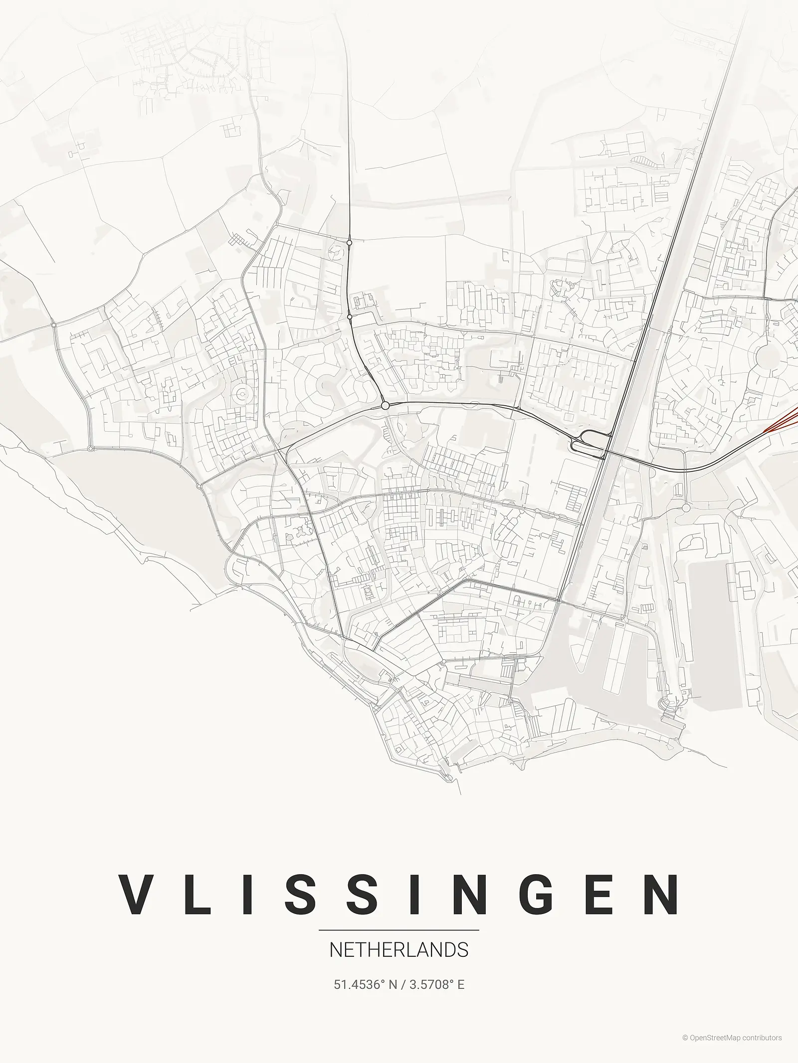 Póster de mapa estilizado de Vlissingen en estilo tinta japonesa