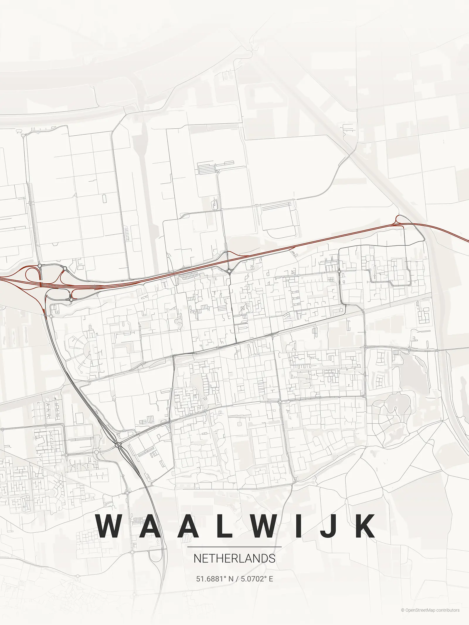 Stylized map poster of Waalwijk in Japanese ink style