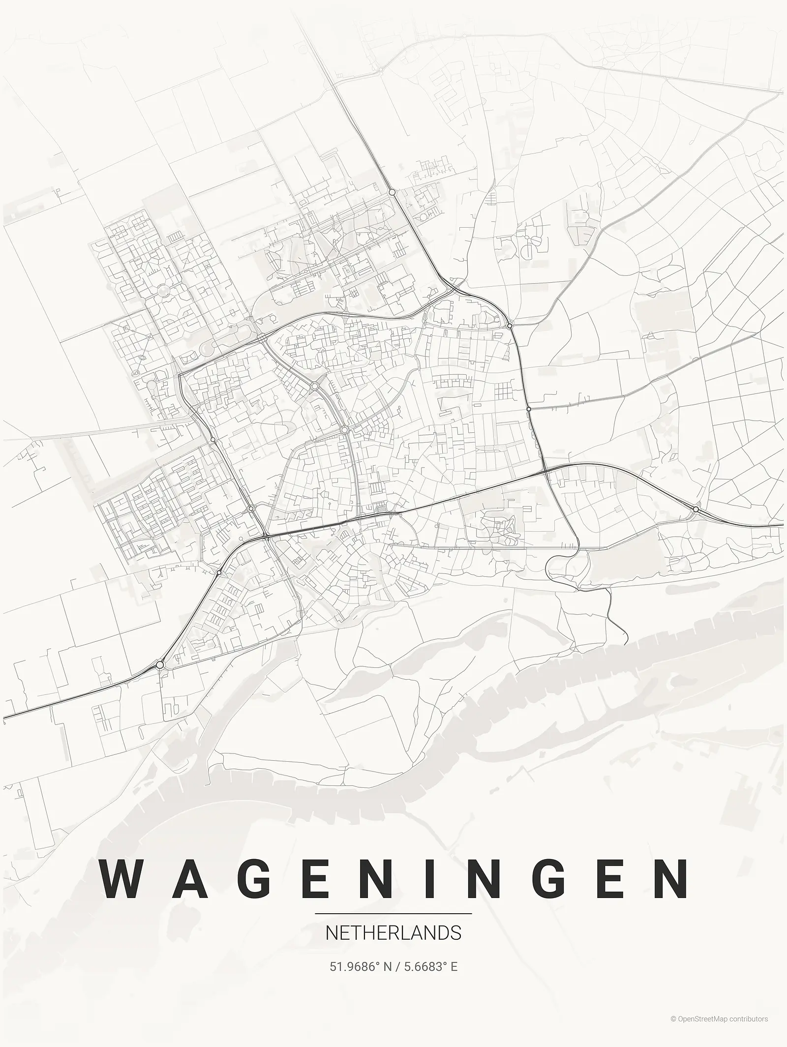 Stylized map poster of Wageningen in Japanese ink style