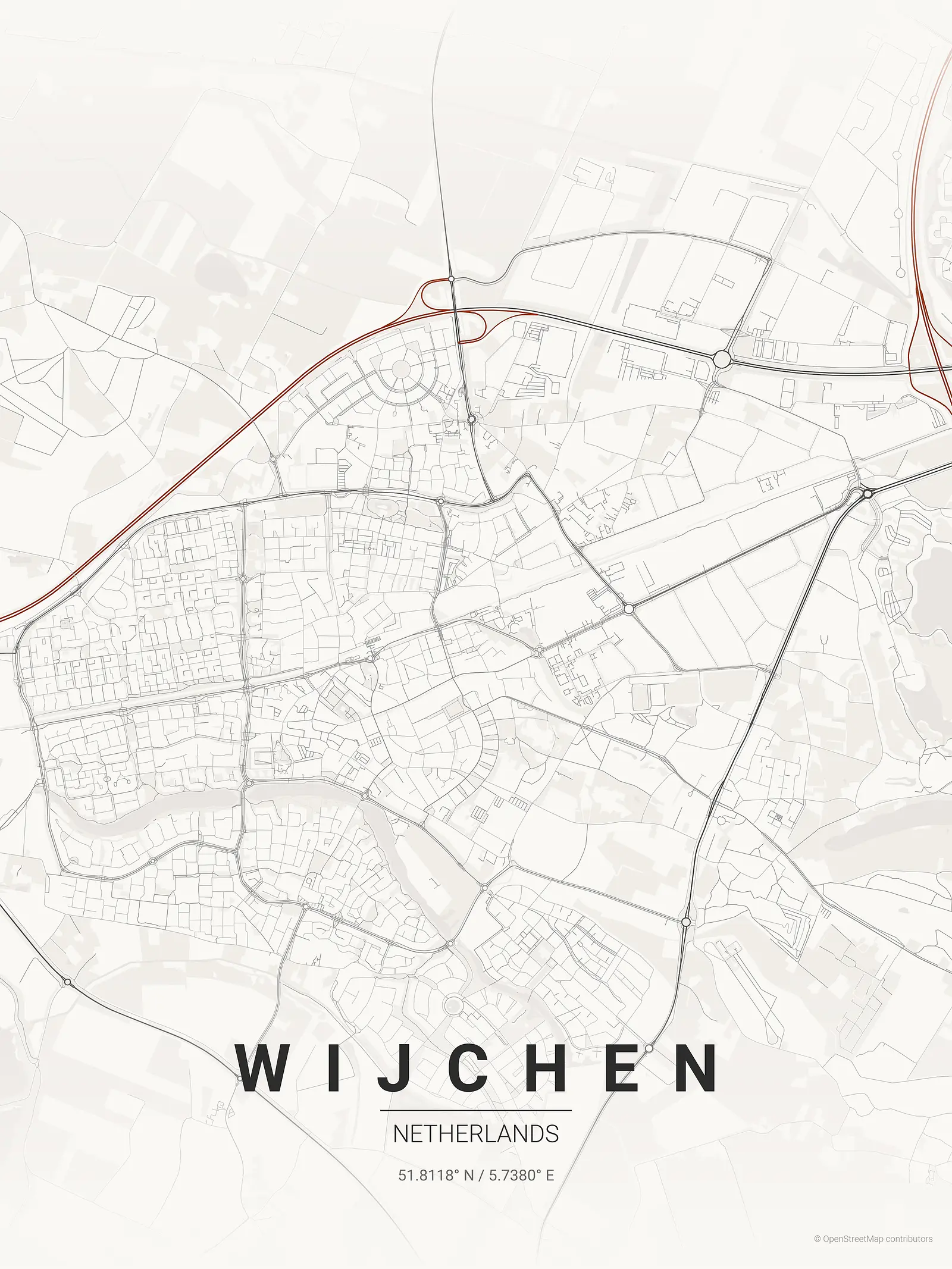 Póster de mapa estilizado de Wijchen en estilo tinta japonesa