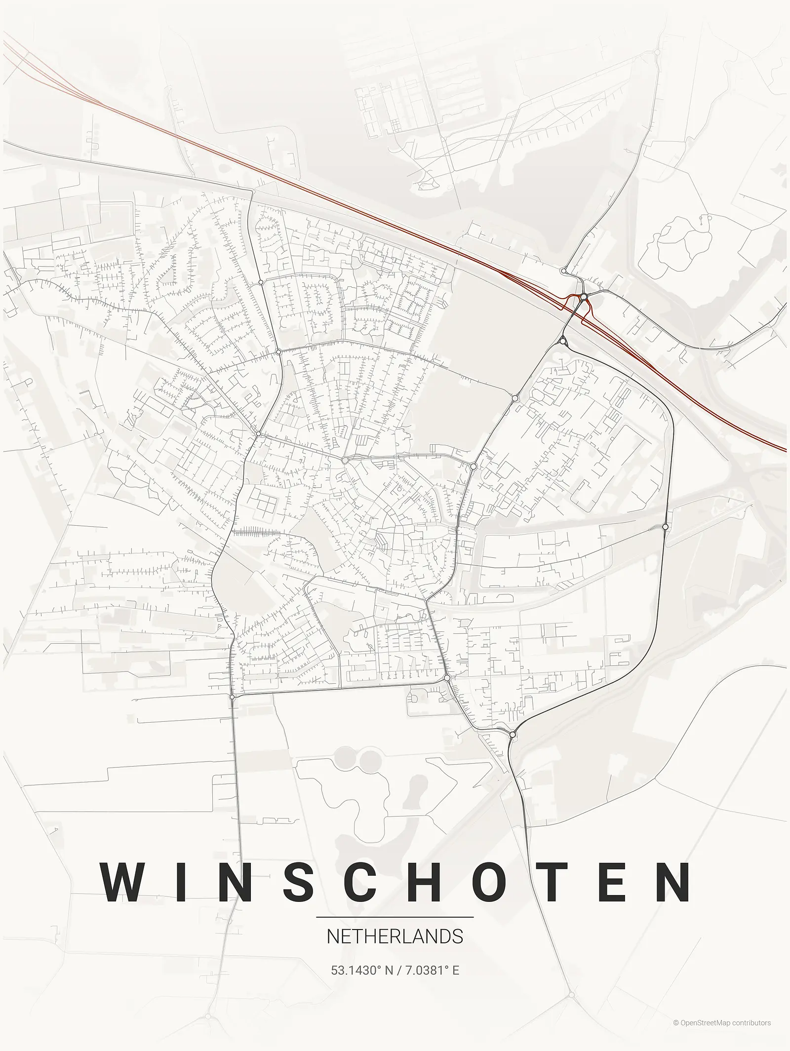 Póster de mapa estilizado de Winschoten en estilo tinta japonesa