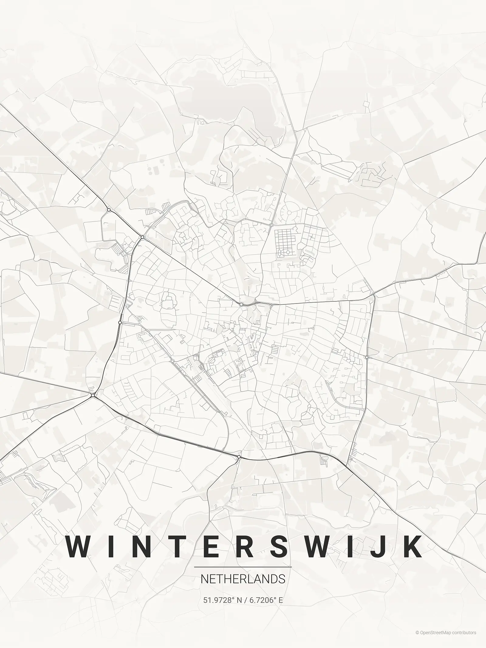 Stylized map poster of Winterswijk in Japanese ink style