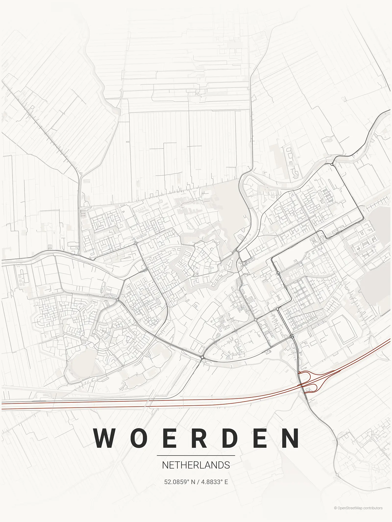 Póster de mapa estilizado de Woerden en estilo tinta japonesa