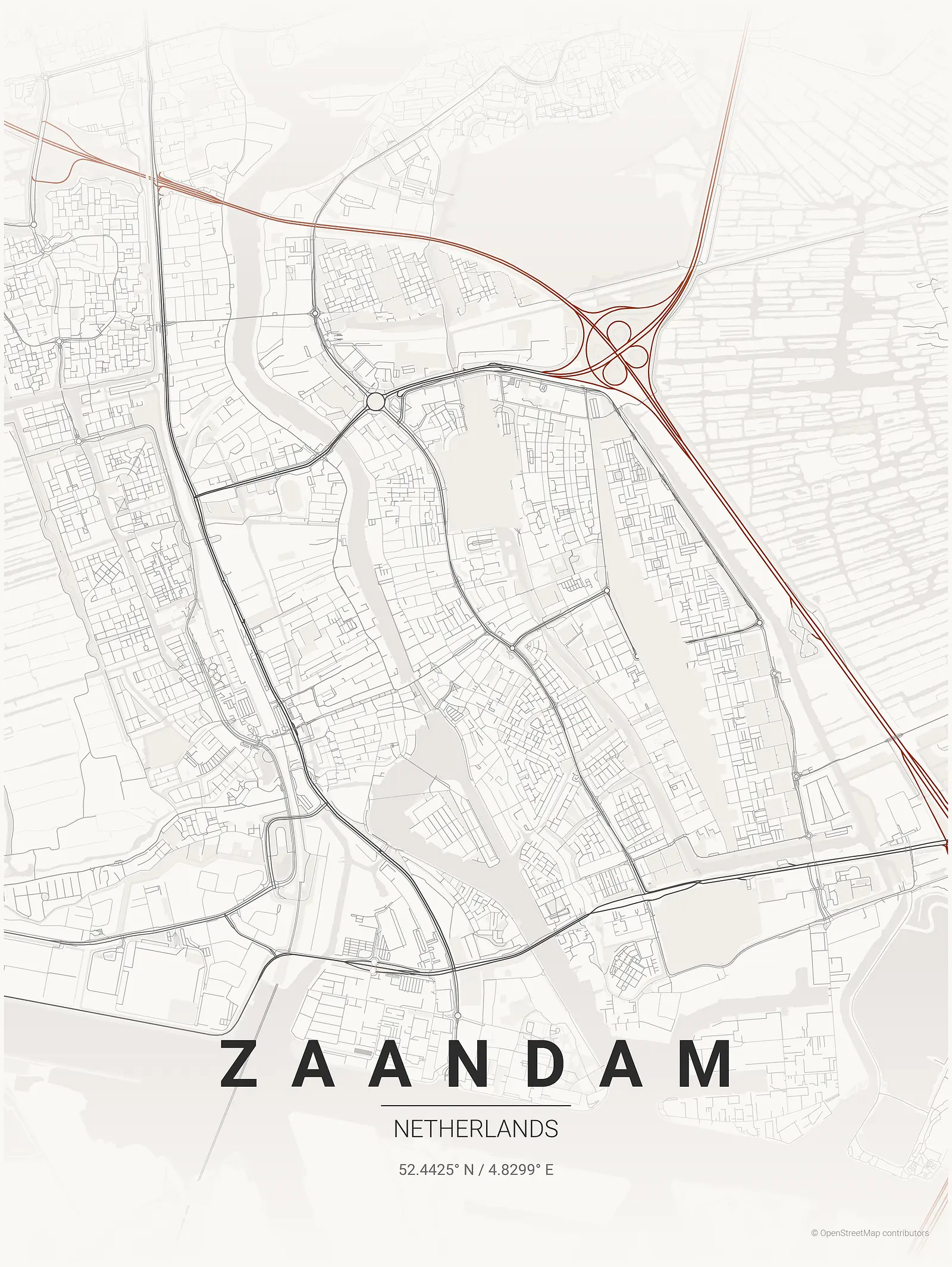 Póster de mapa estilizado de Zaandam en estilo tinta japonesa
