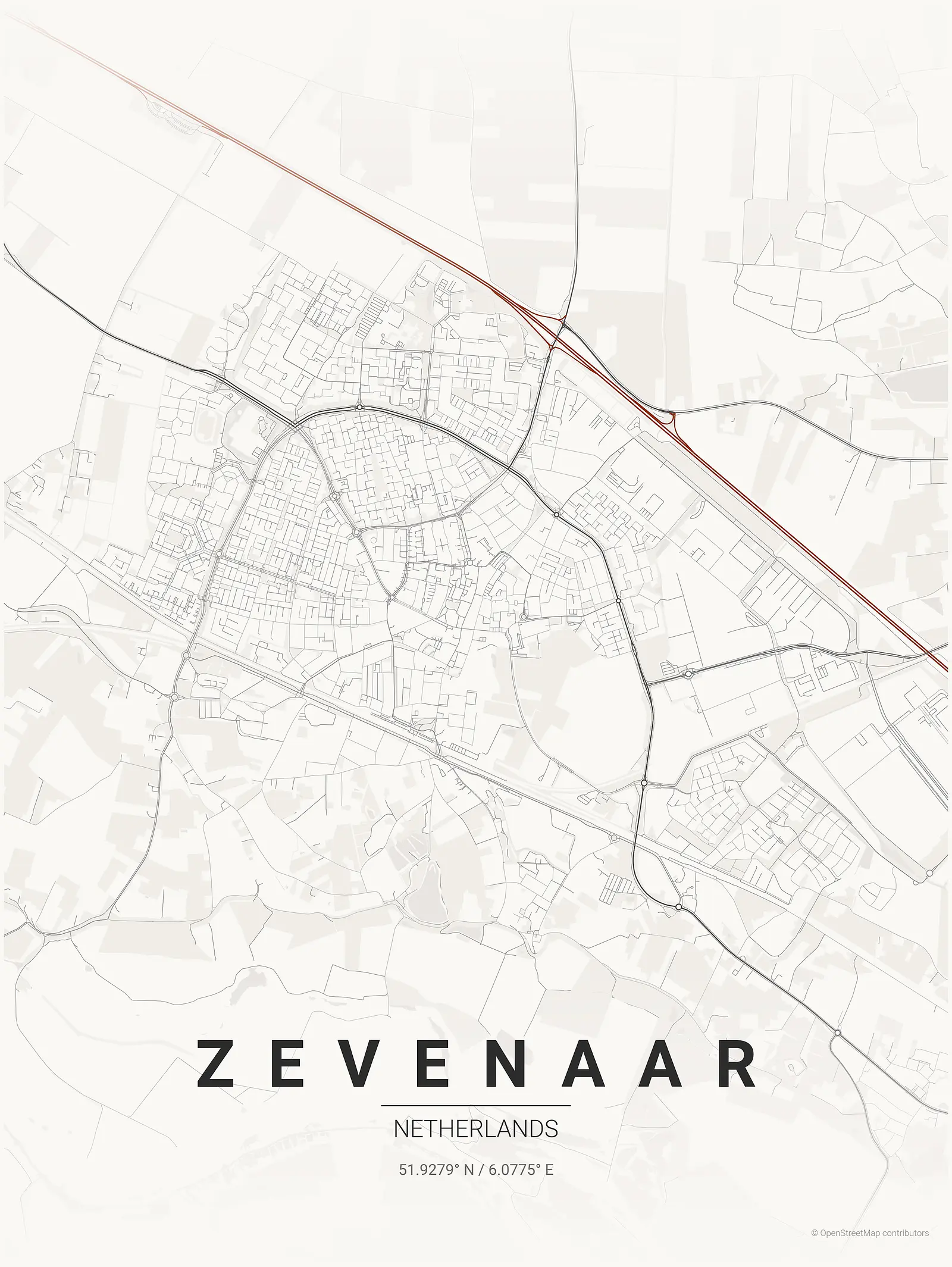 Stylized kaart poster of Zevenaar in Japanese ink style