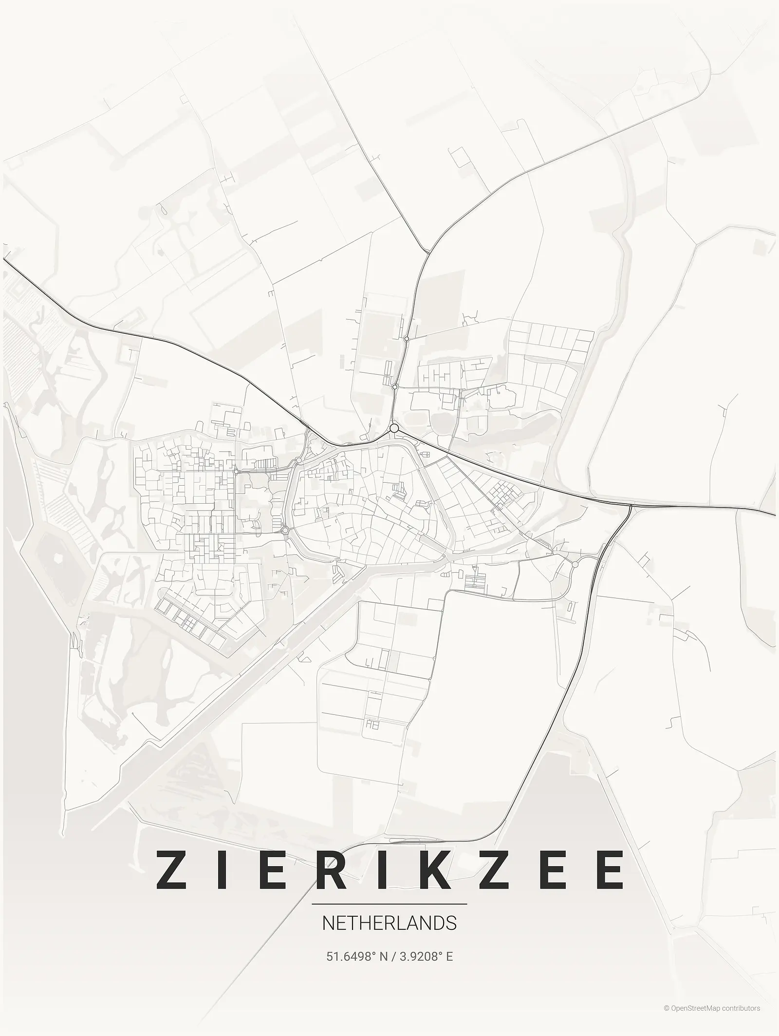 Stylized map poster of Zierikzee in Japanese ink style
