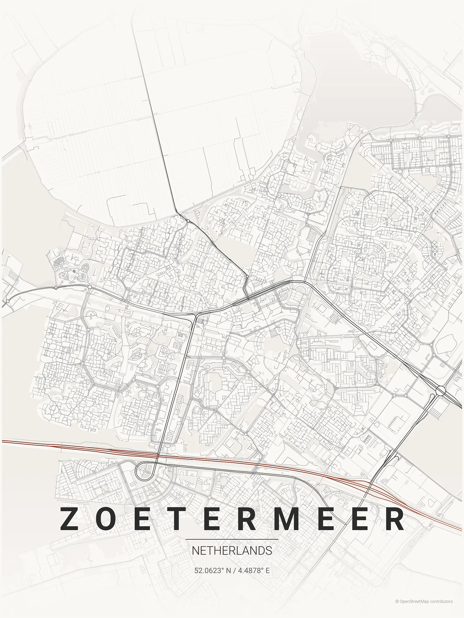 Stylized map poster of Zoetermeer in Japanese ink style
