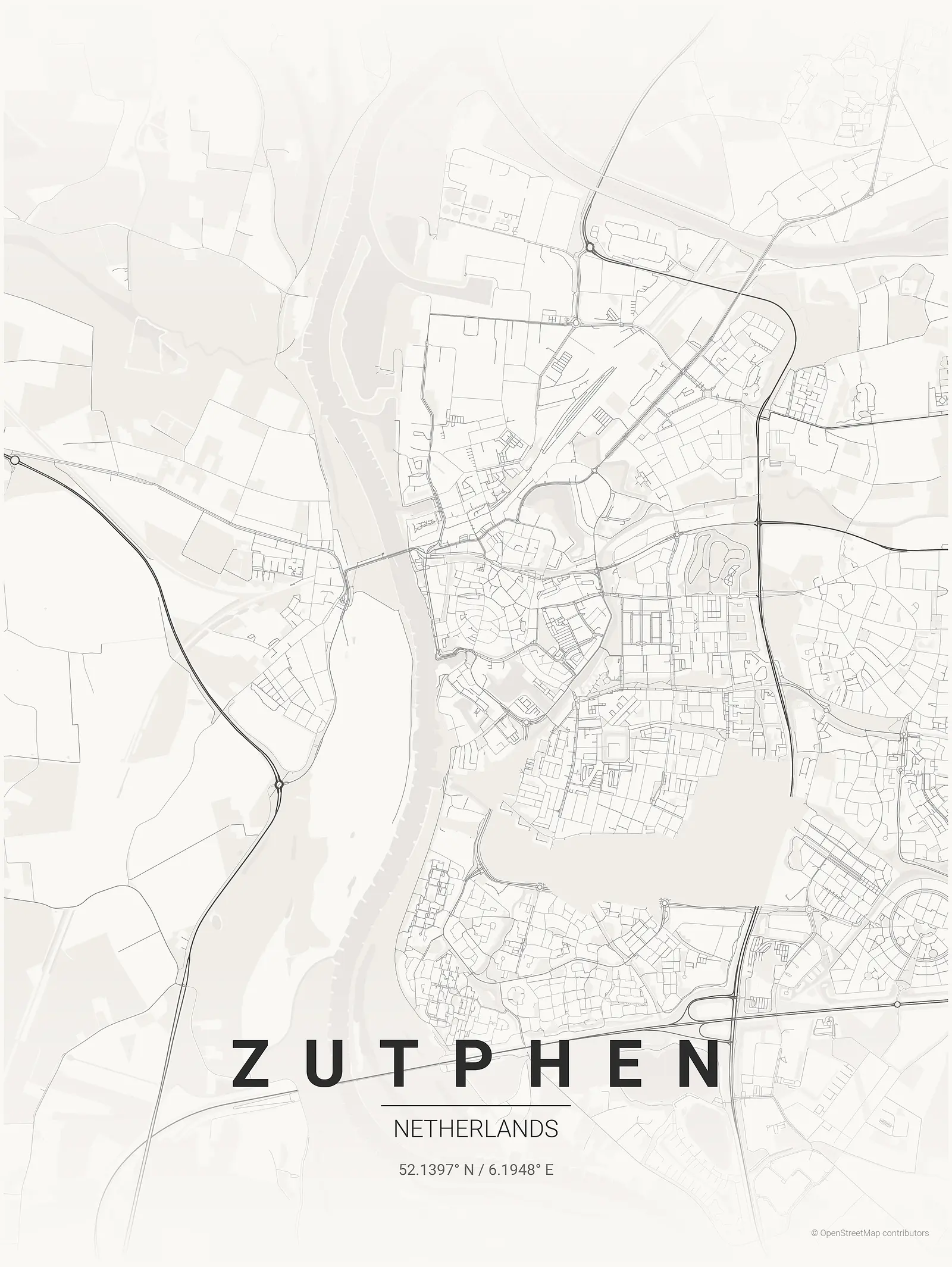 Stylized kaart poster of Zutphen in Japanese ink style