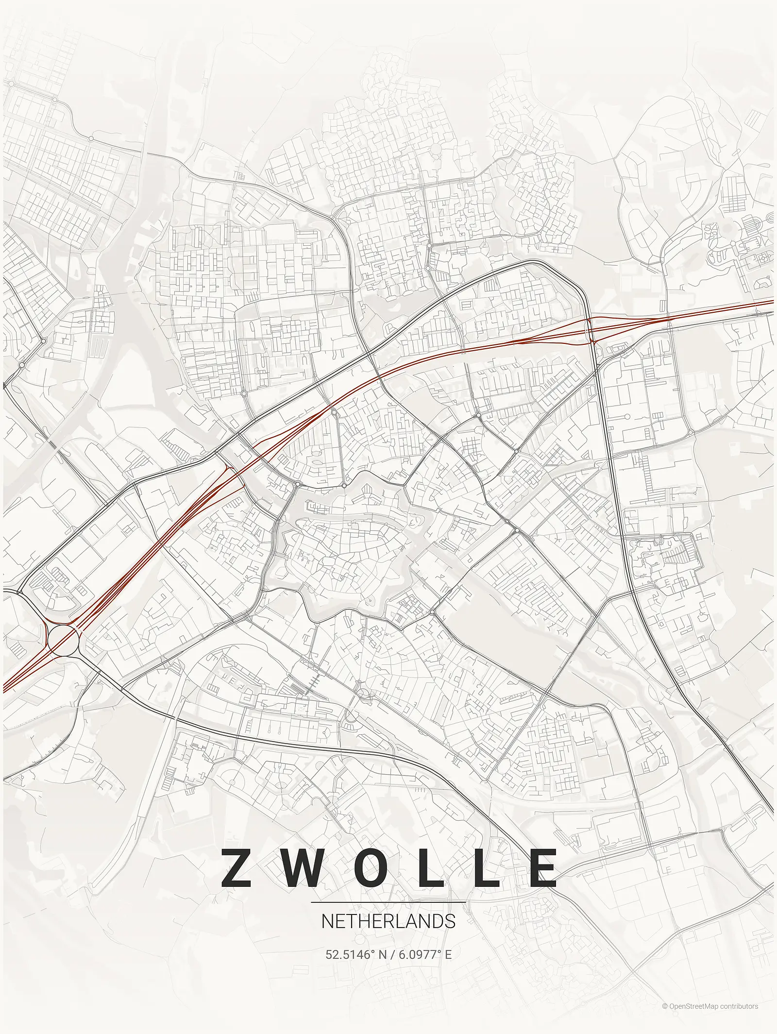 Stylized map poster of Zwolle in Japanese ink style