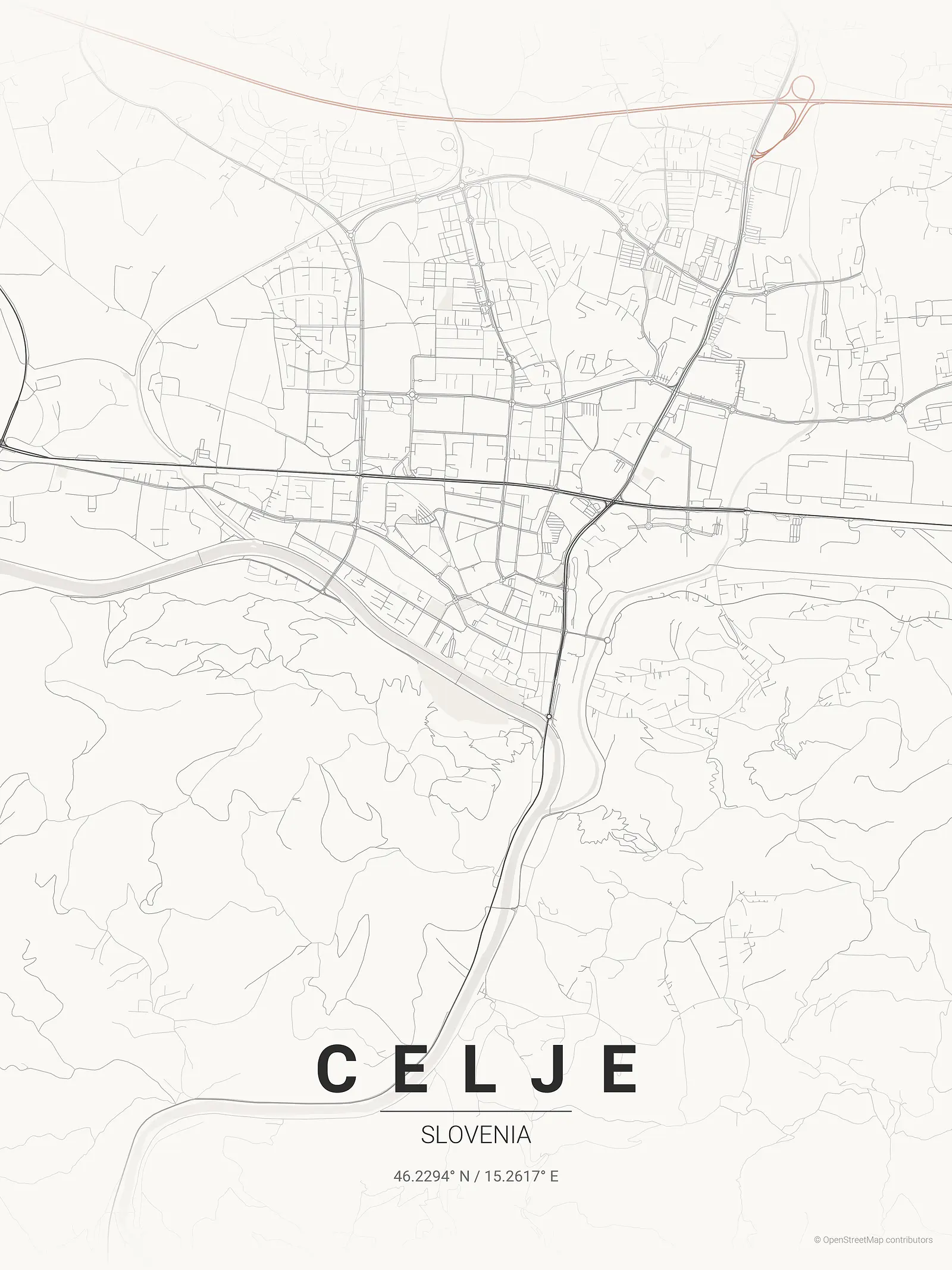 Stylized kaart poster of Celje in Japanese ink style