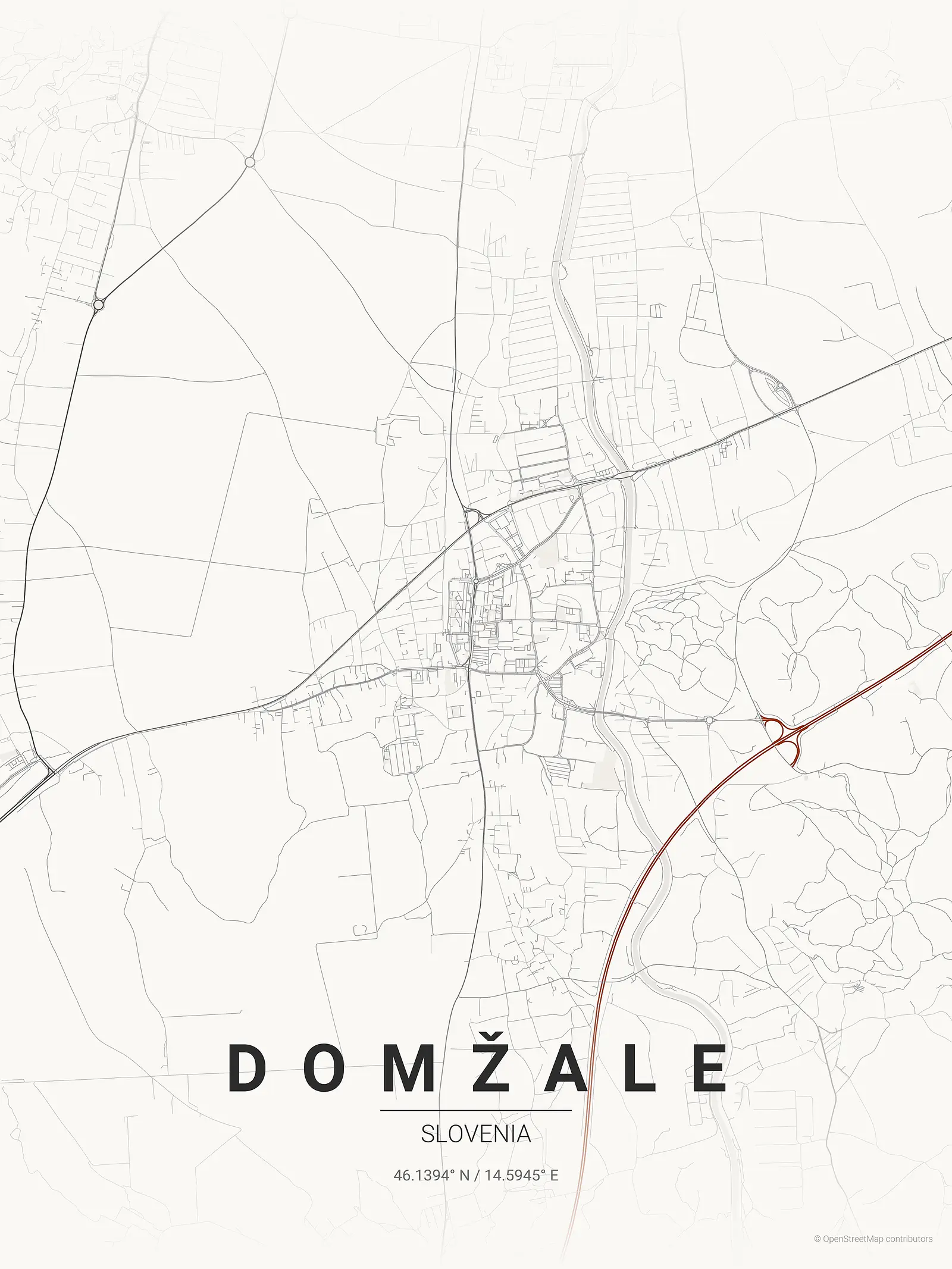 Póster de mapa estilizado de Domžale en estilo tinta japonesa