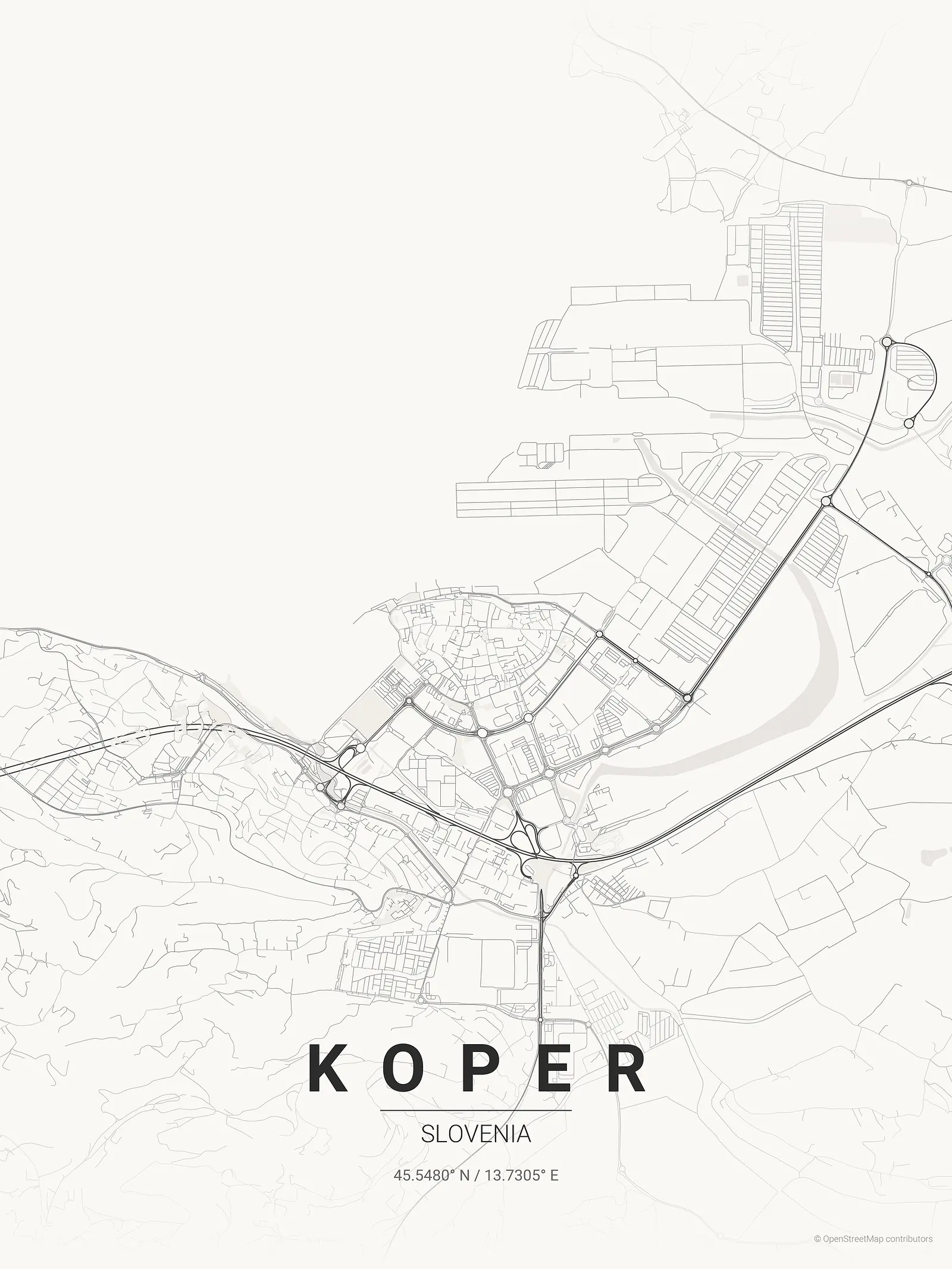 Stylized kaart poster of Koper in Japanese ink style