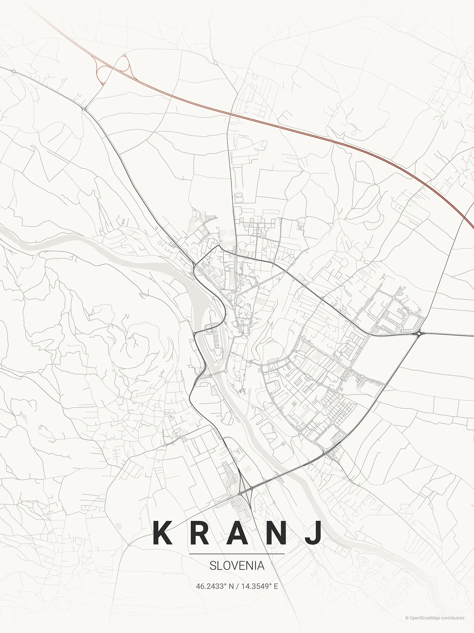 Póster de mapa estilizado de Kranj en estilo tinta japonesa