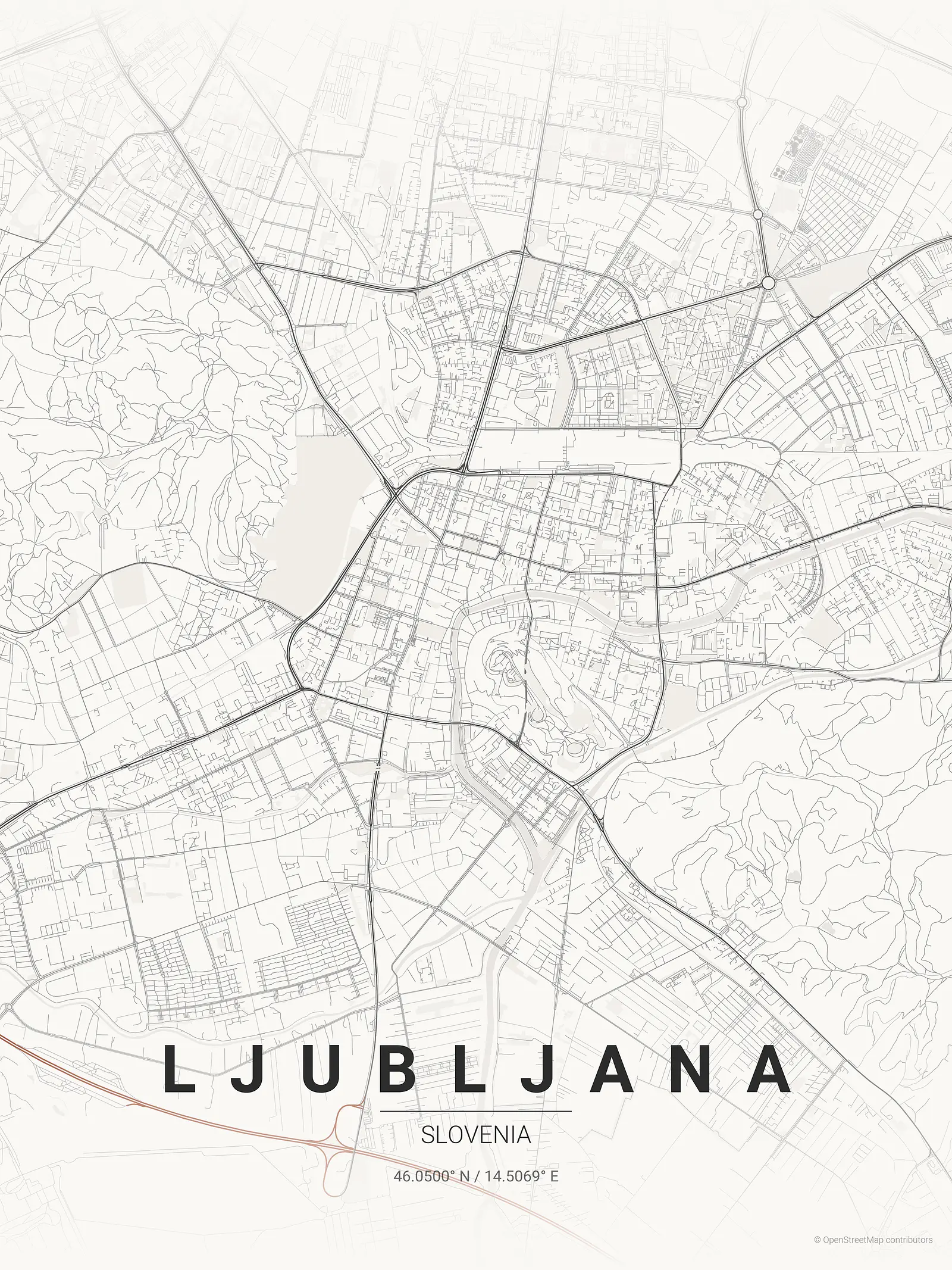 Stylized map poster of Ljubljana in Japanese ink style