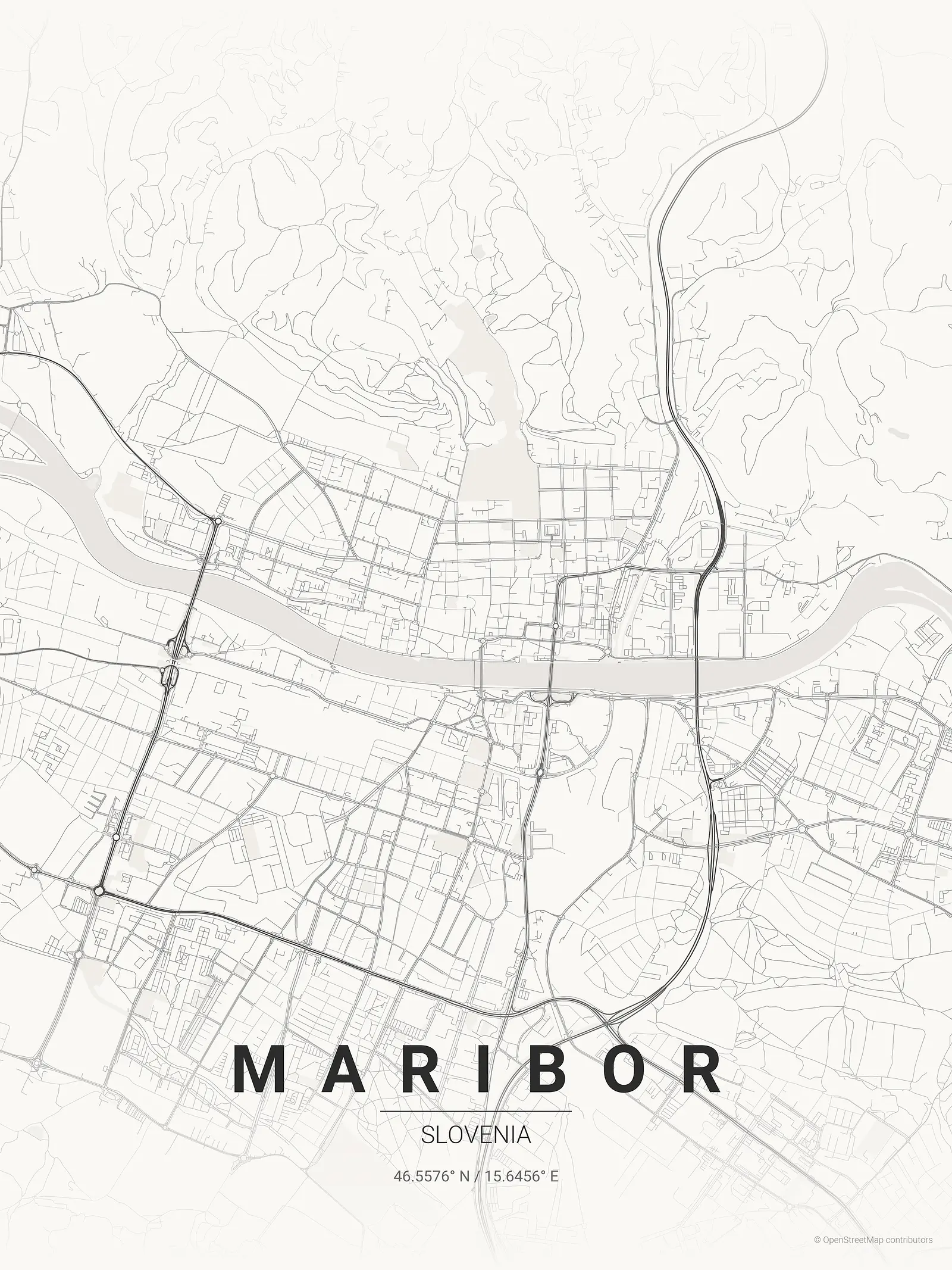 Póster de mapa estilizado de Maribor en estilo tinta japonesa