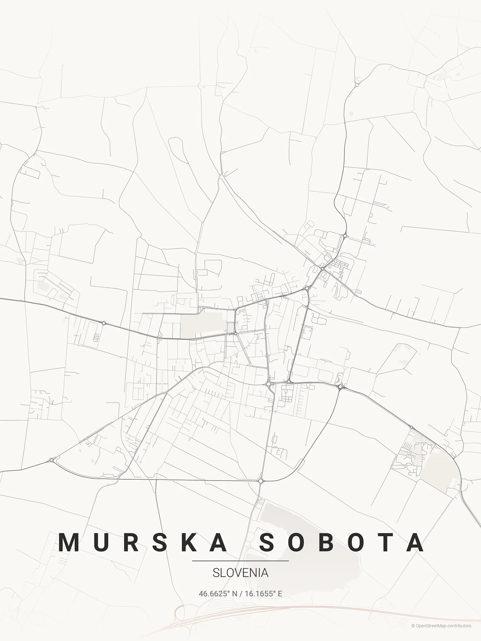 Stylized map poster of Murska Sobota in Japanese ink style